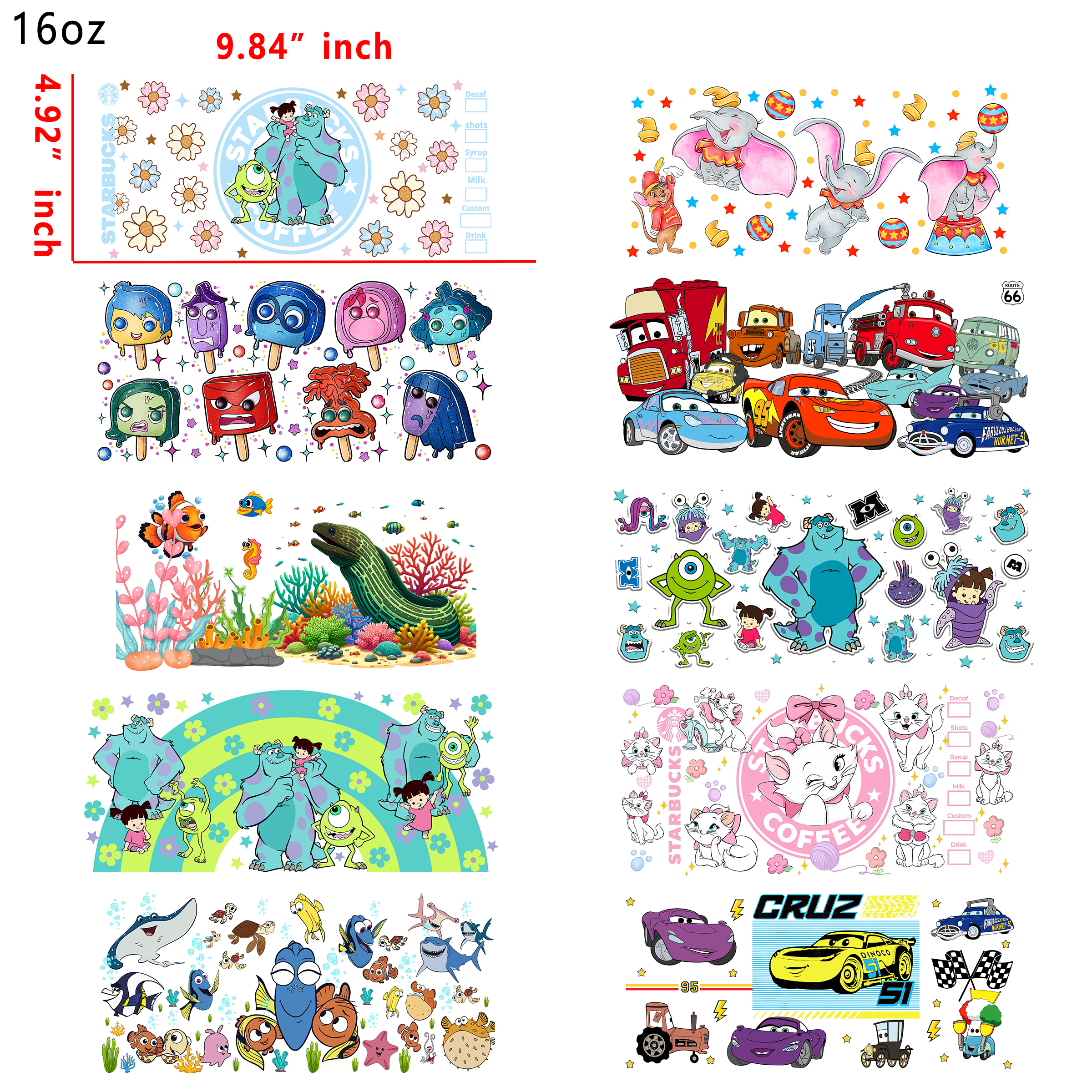 (X22) 20 PCS Disney Cartoon cup wraps 16OZ tumbler water proof