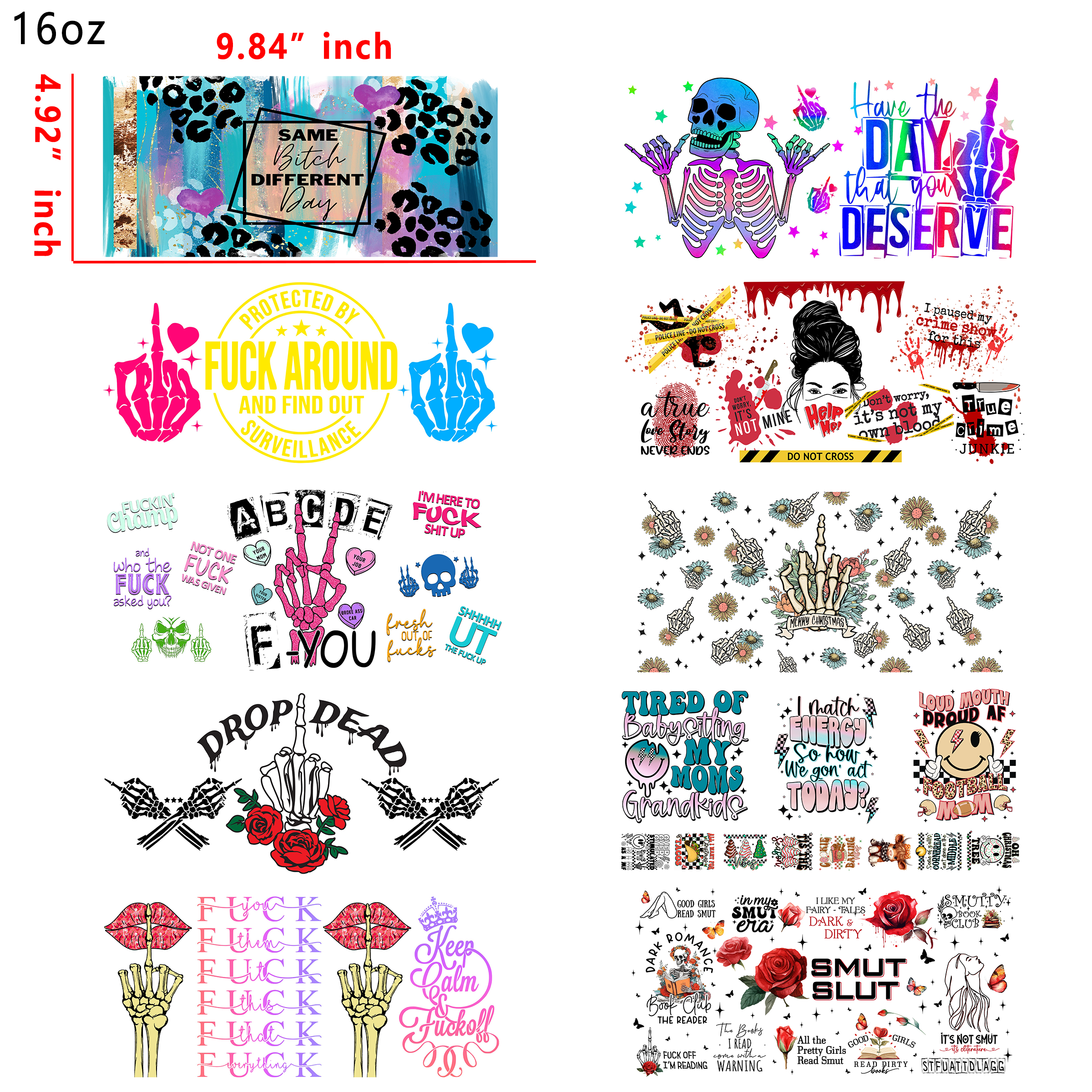 (X54) 20 PCS Sassy Words Quotes cup wraps 16OZ tumbler water proof