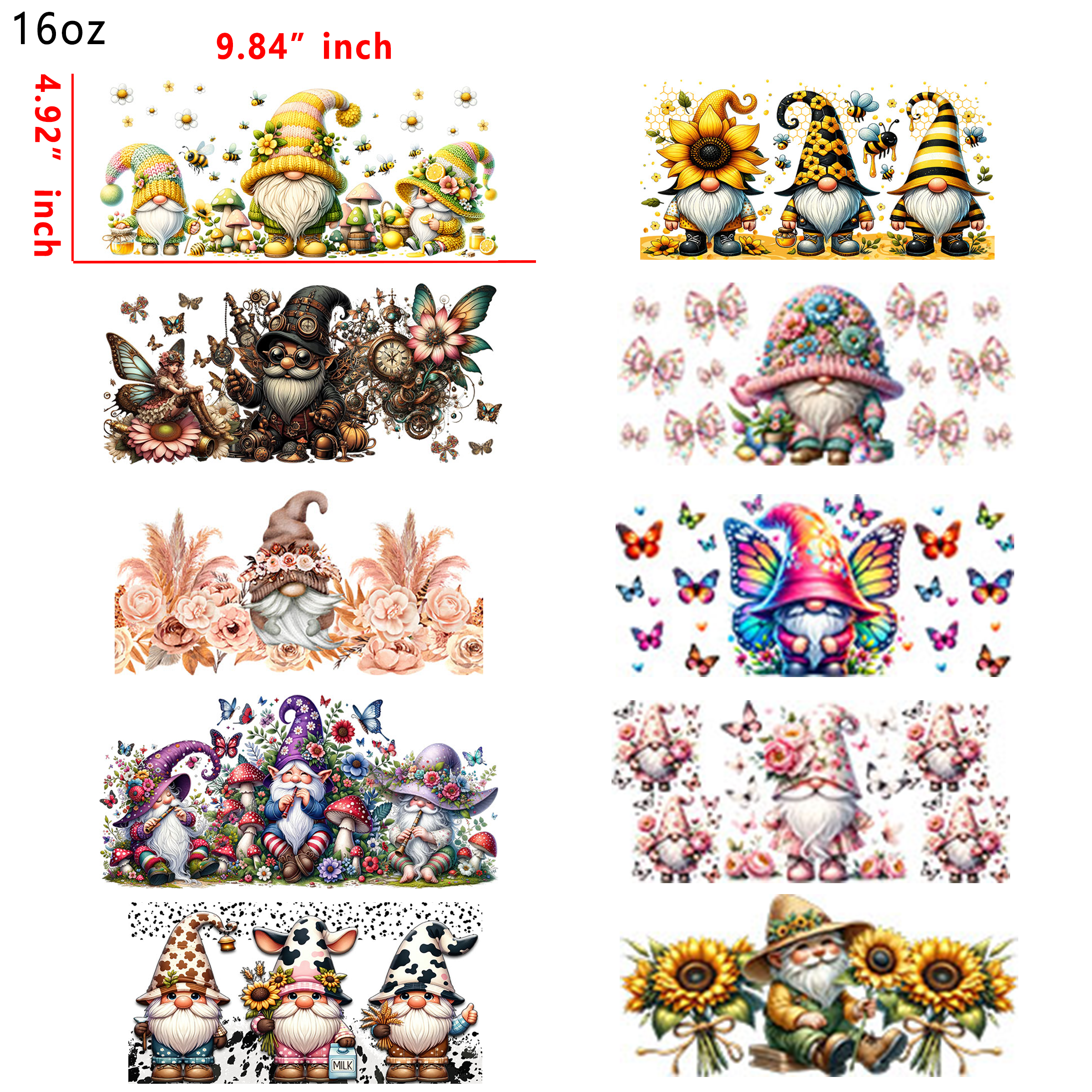 10 PCS Ghnome cup wraps 16OZ tumbler water proof