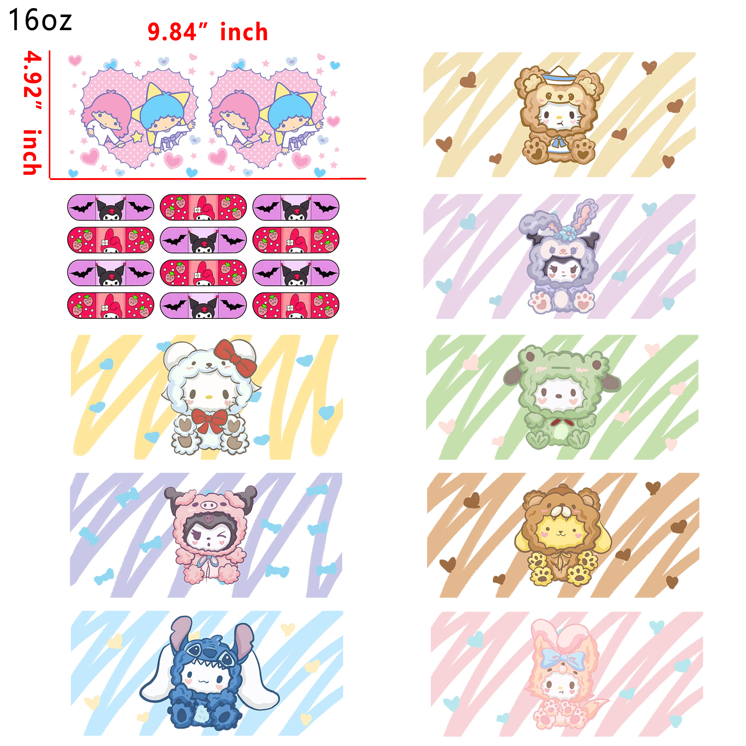 20 PCS Sanrio Crossover cup wraps 16OZ tumbler water proof