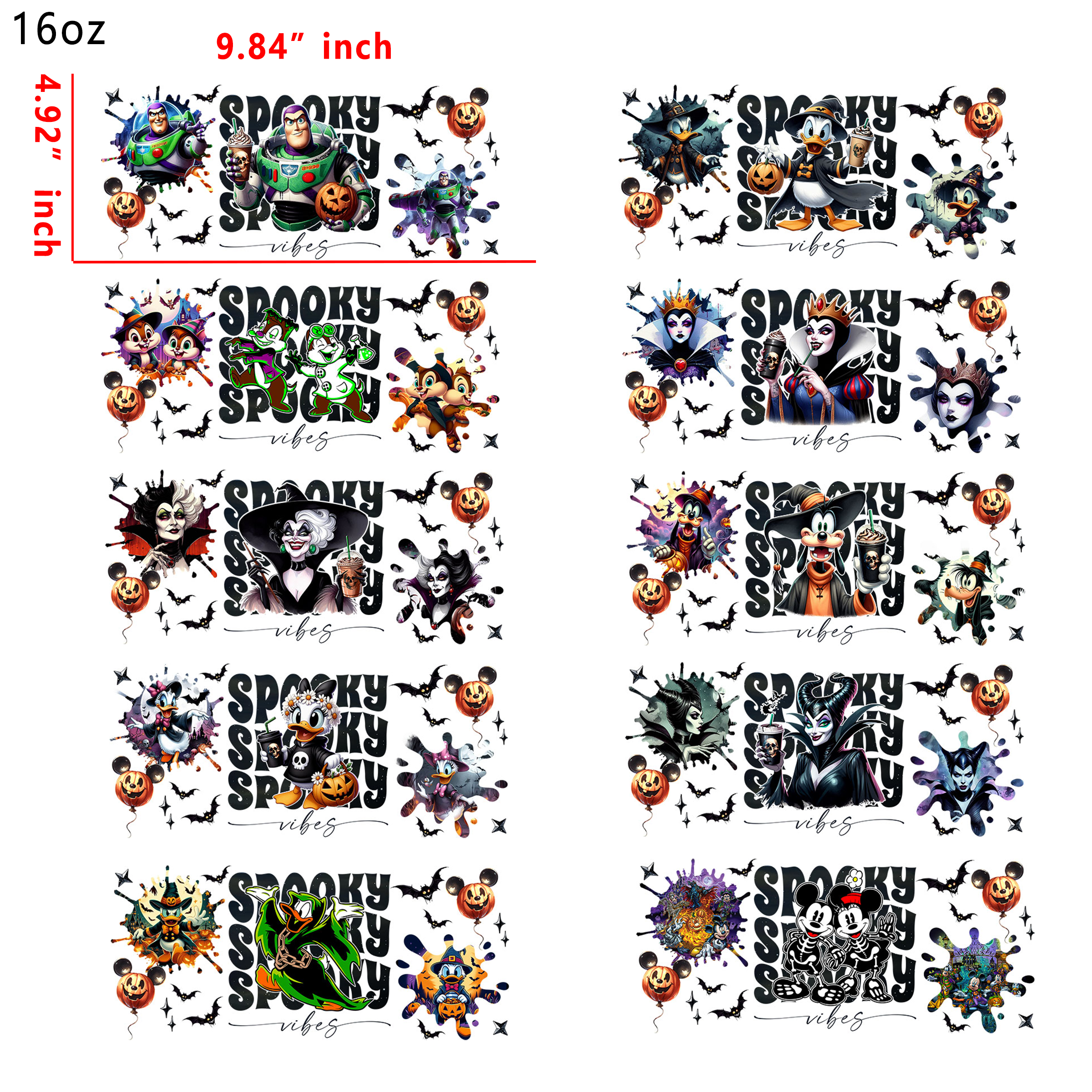 20 PCS Spooky Disney cup wraps 16OZ tumbler water proof