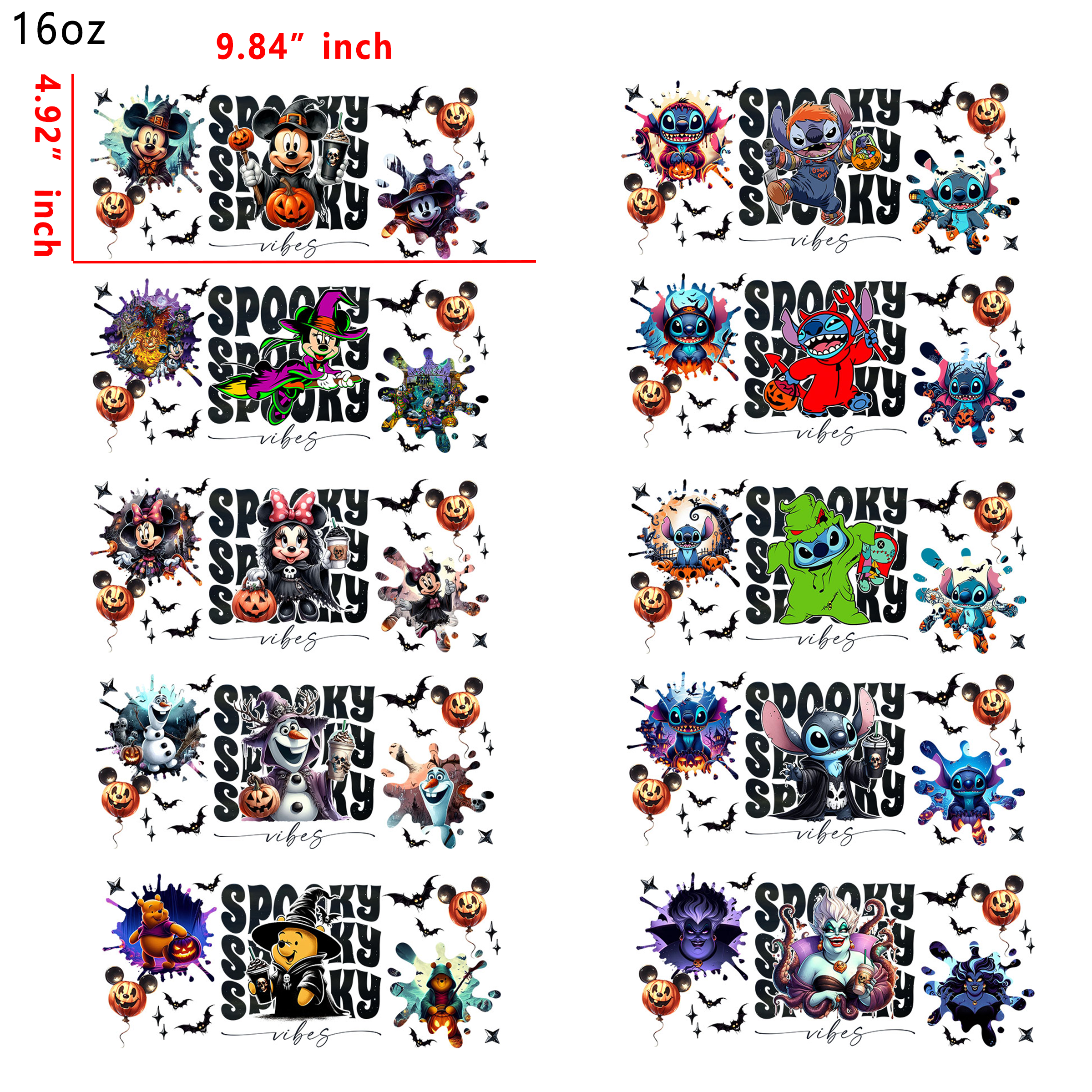 20 PCS Spooky Disney cup wraps 16OZ tumbler water proof