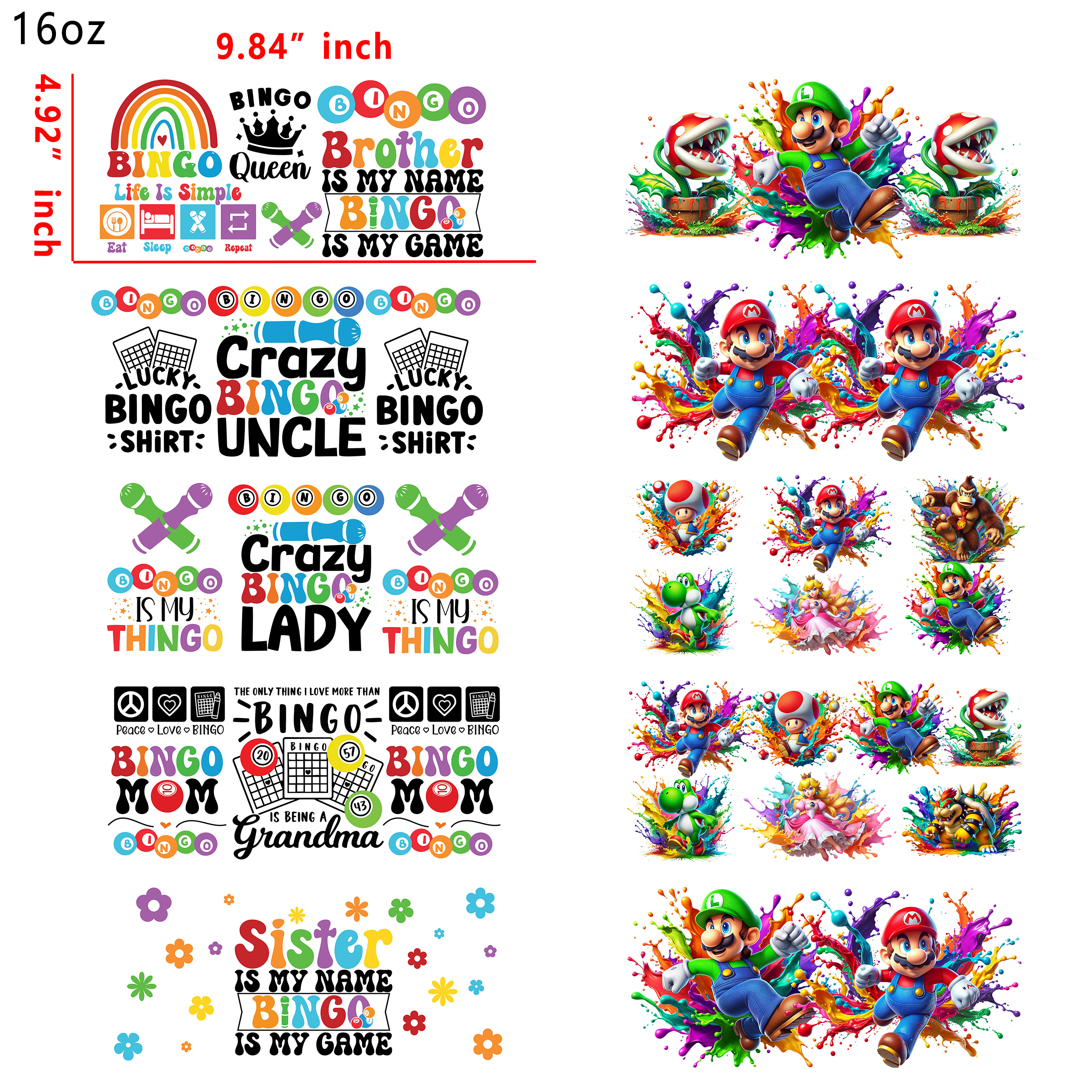 (U16) 20 PCS Super Mario cup wraps 16OZ tumbler water proof
