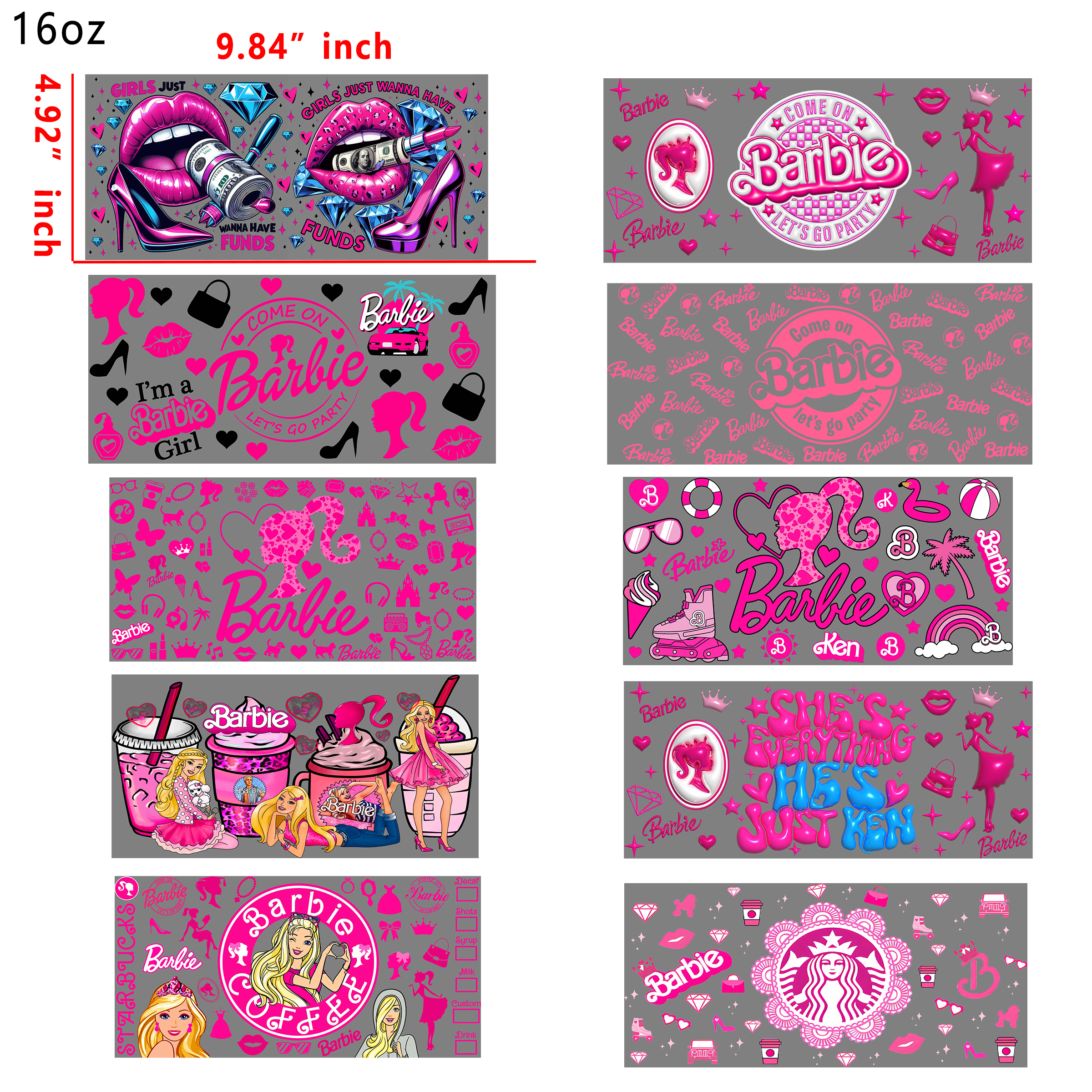 (X31) 20 PCS Barbie Girl cup wraps 16OZ tumbler water proof