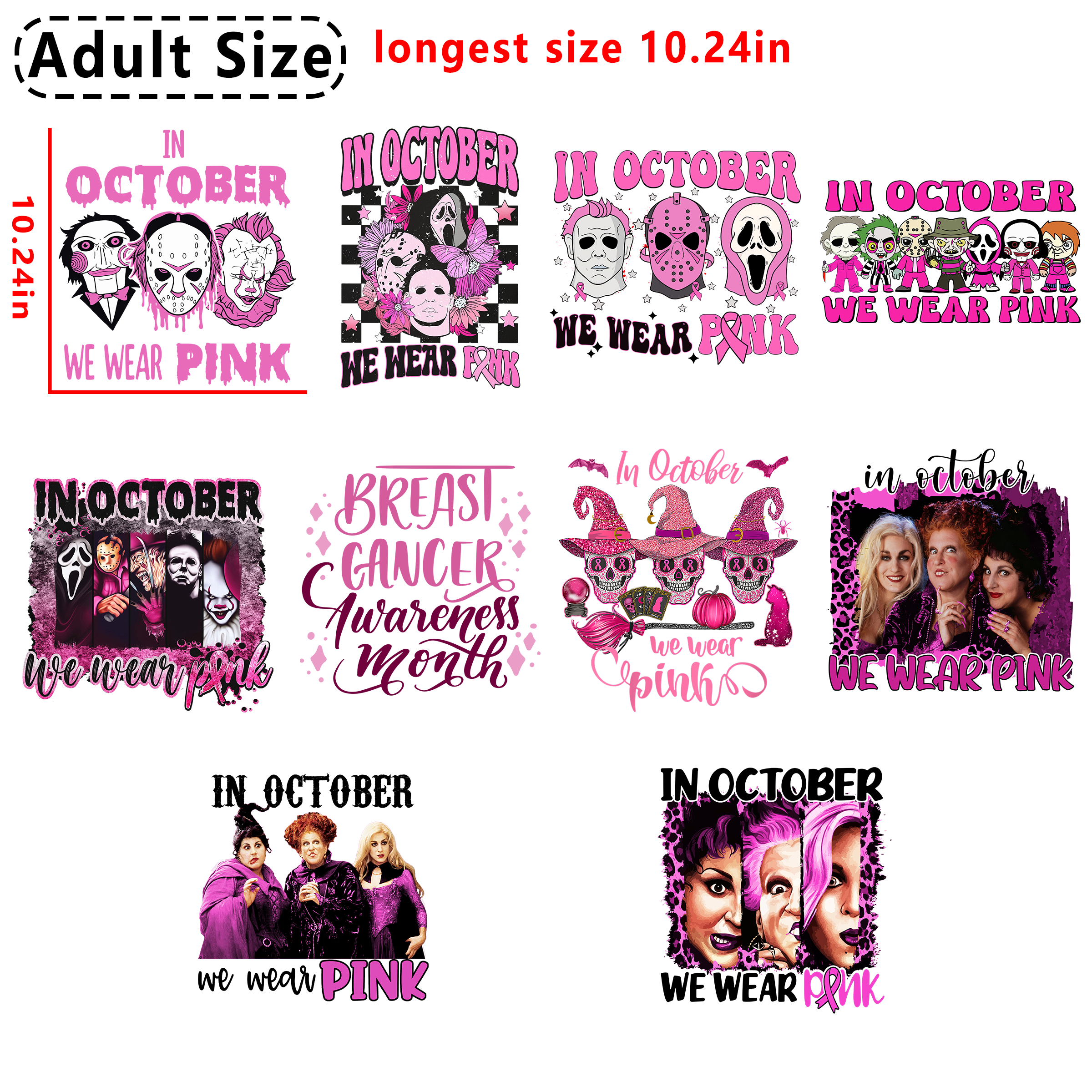 October Pink Horror Awareness DTF heat transfer vinyl for T-shirt hoodies