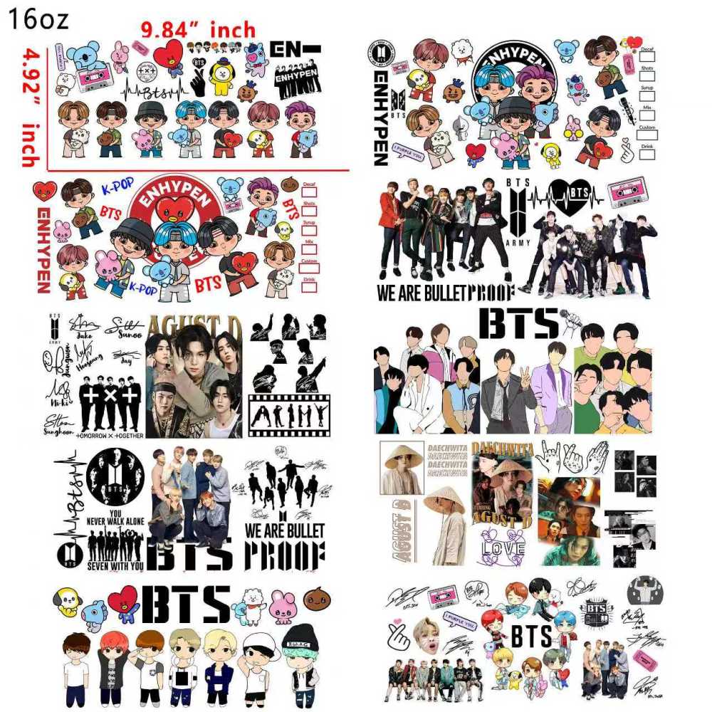 10 PCS BTS KPOP  cup wraps 16OZ tumbler water proof