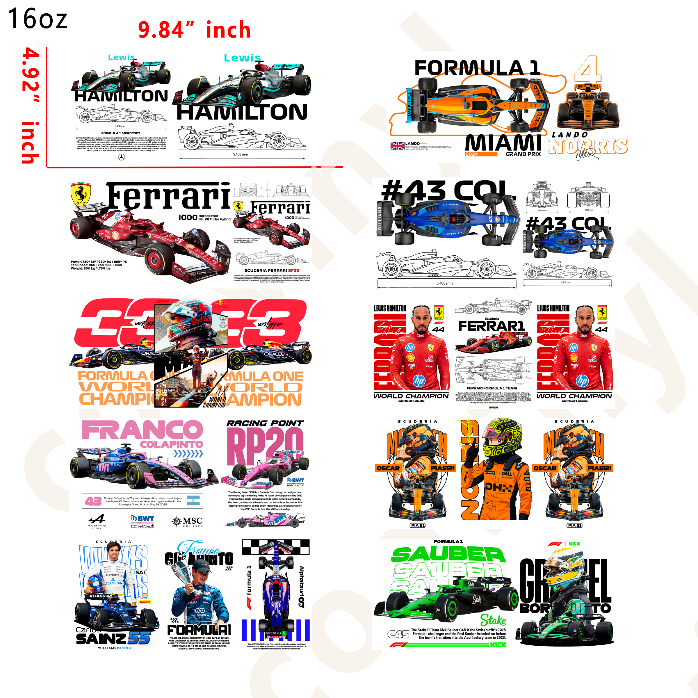 10 PCS F1 Racing Car cup wraps 16OZ tumbler water proof