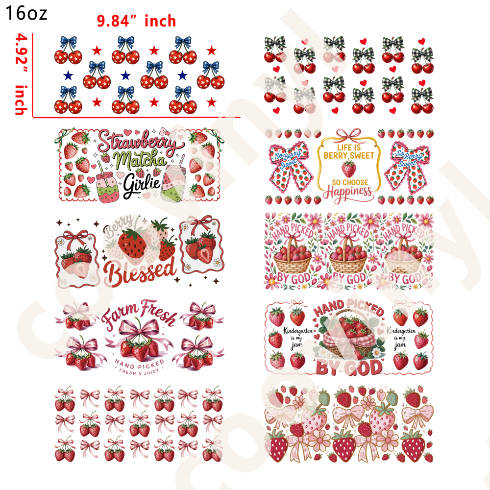 20 PCS Cherry Strawberry cup wraps 16OZ tumbler water proof