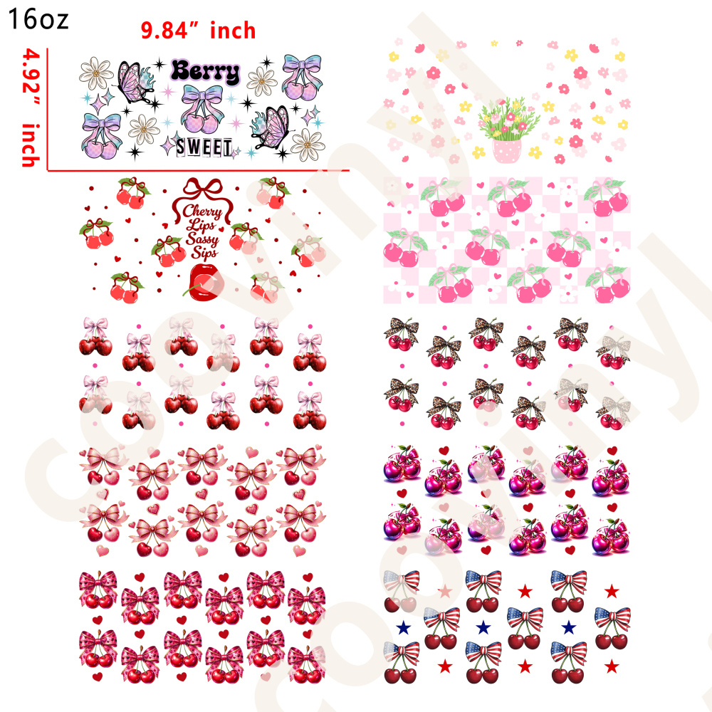 20 PCS Cherry Strawberry cup wraps 16OZ tumbler water proof