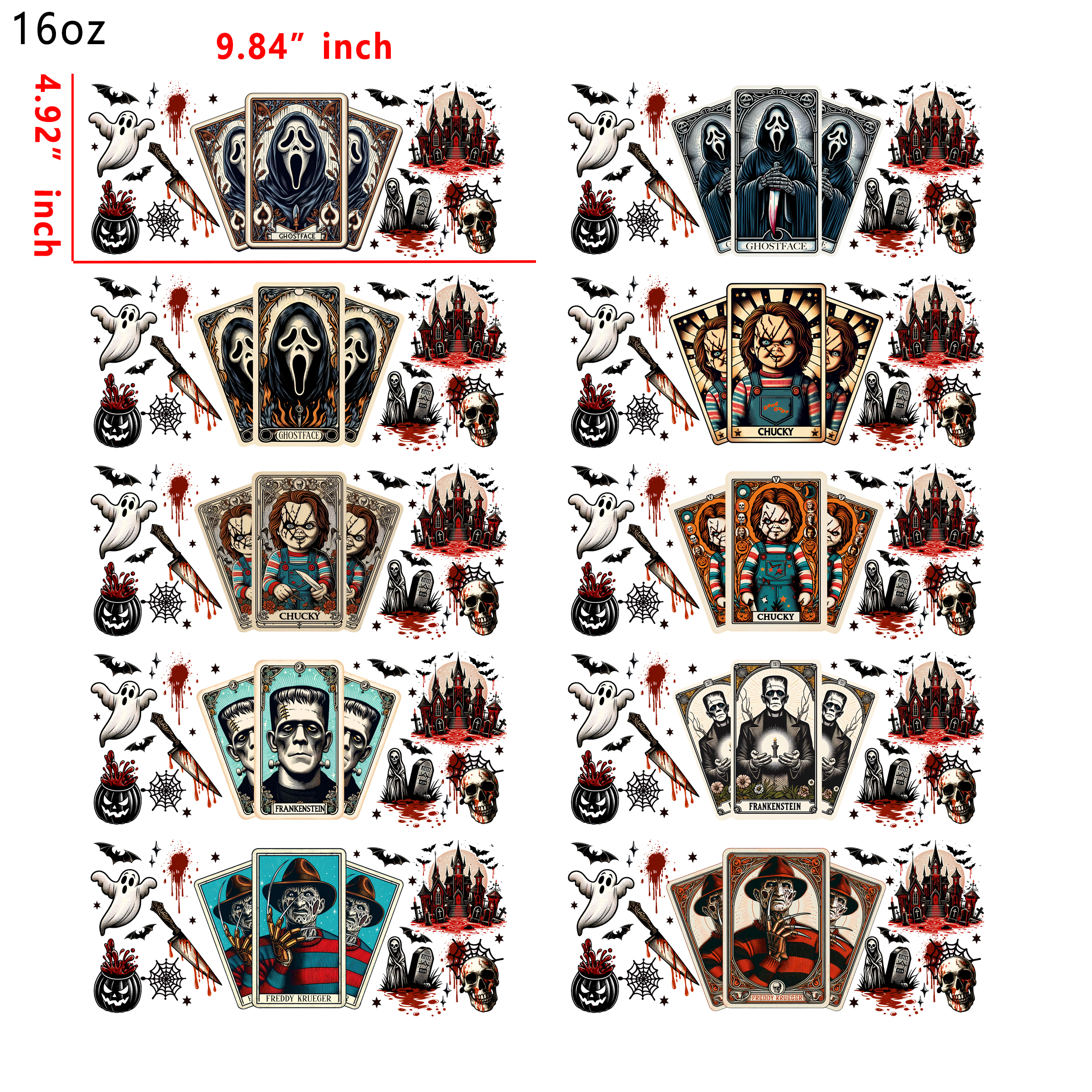 ( X77) 20 PCS Tarot Card Horror cup wraps 16OZ tumbler water proof