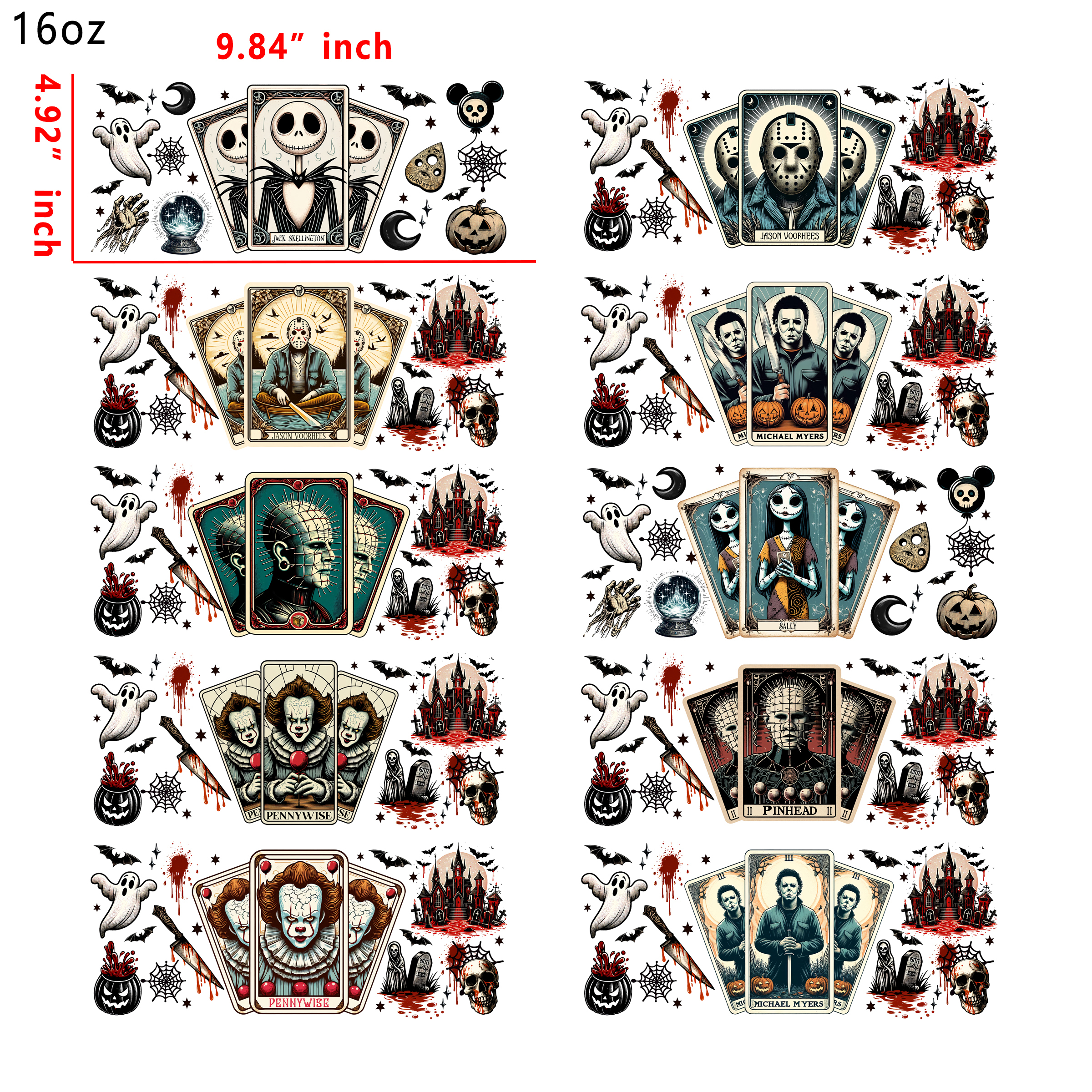 ( X77) 20 PCS Tarot Card Horror cup wraps 16OZ tumbler water proof