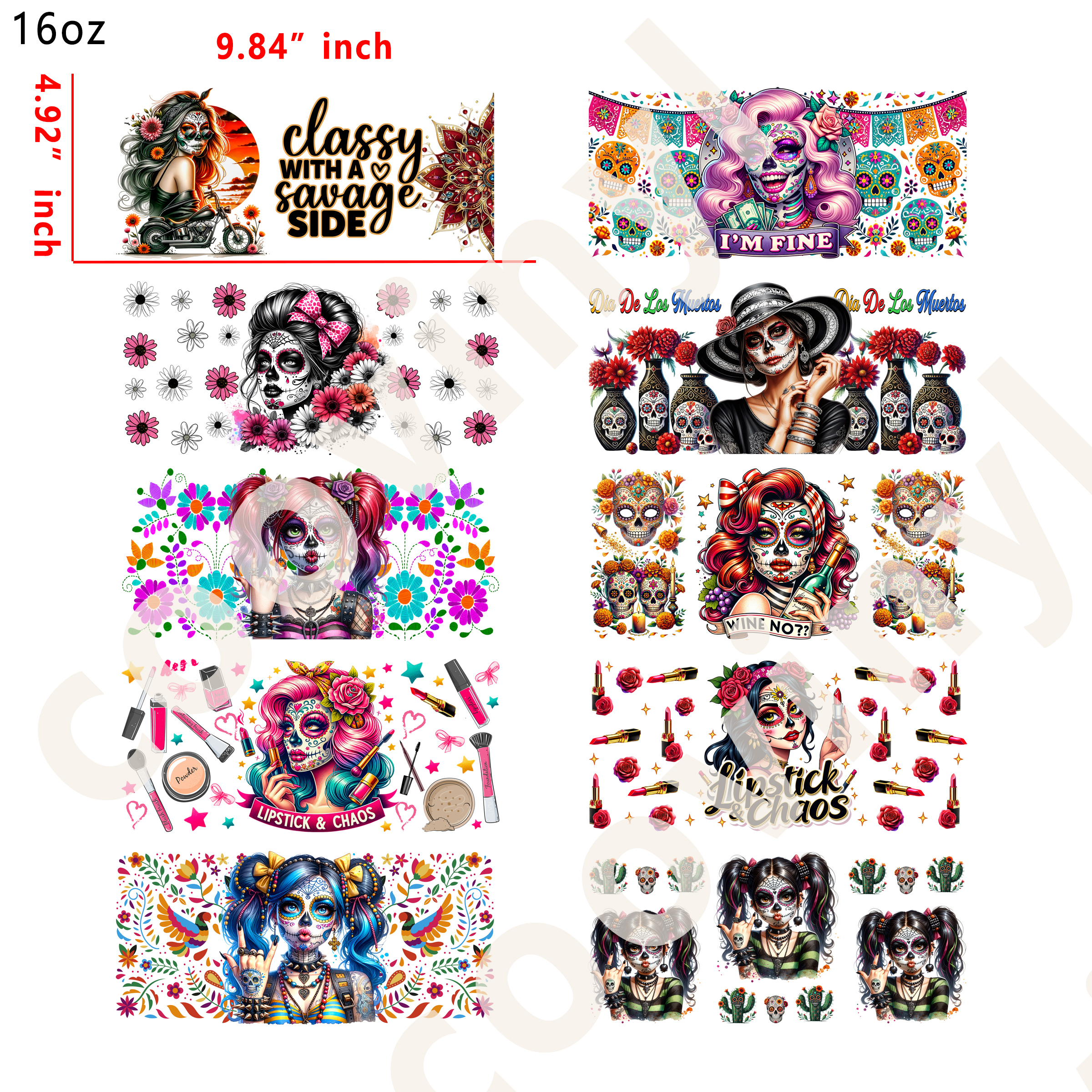 10 PCS Sugar Skull Girl cup wraps 16OZ tumbler water proof