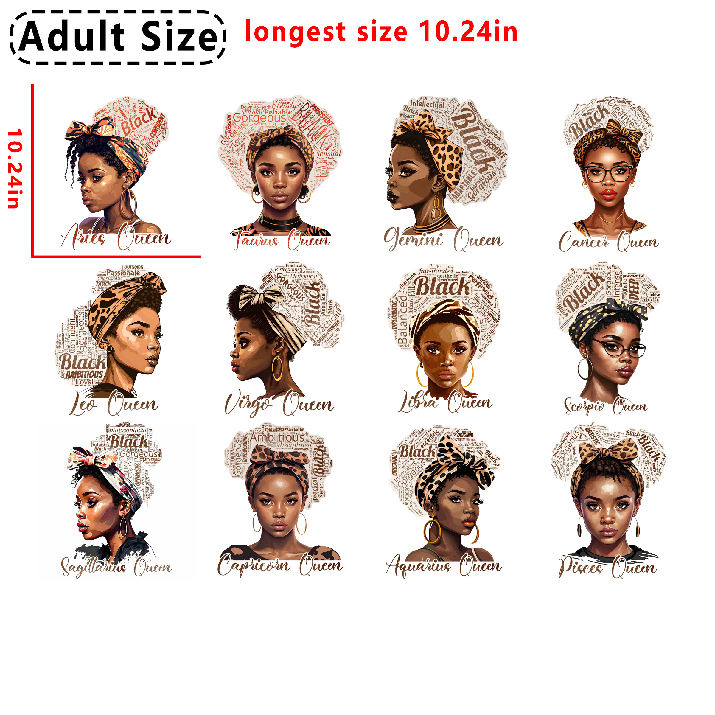(D97) 12pcs Black Women zodiac sign DTF heat transfer vinyl for T-shirt hoodies