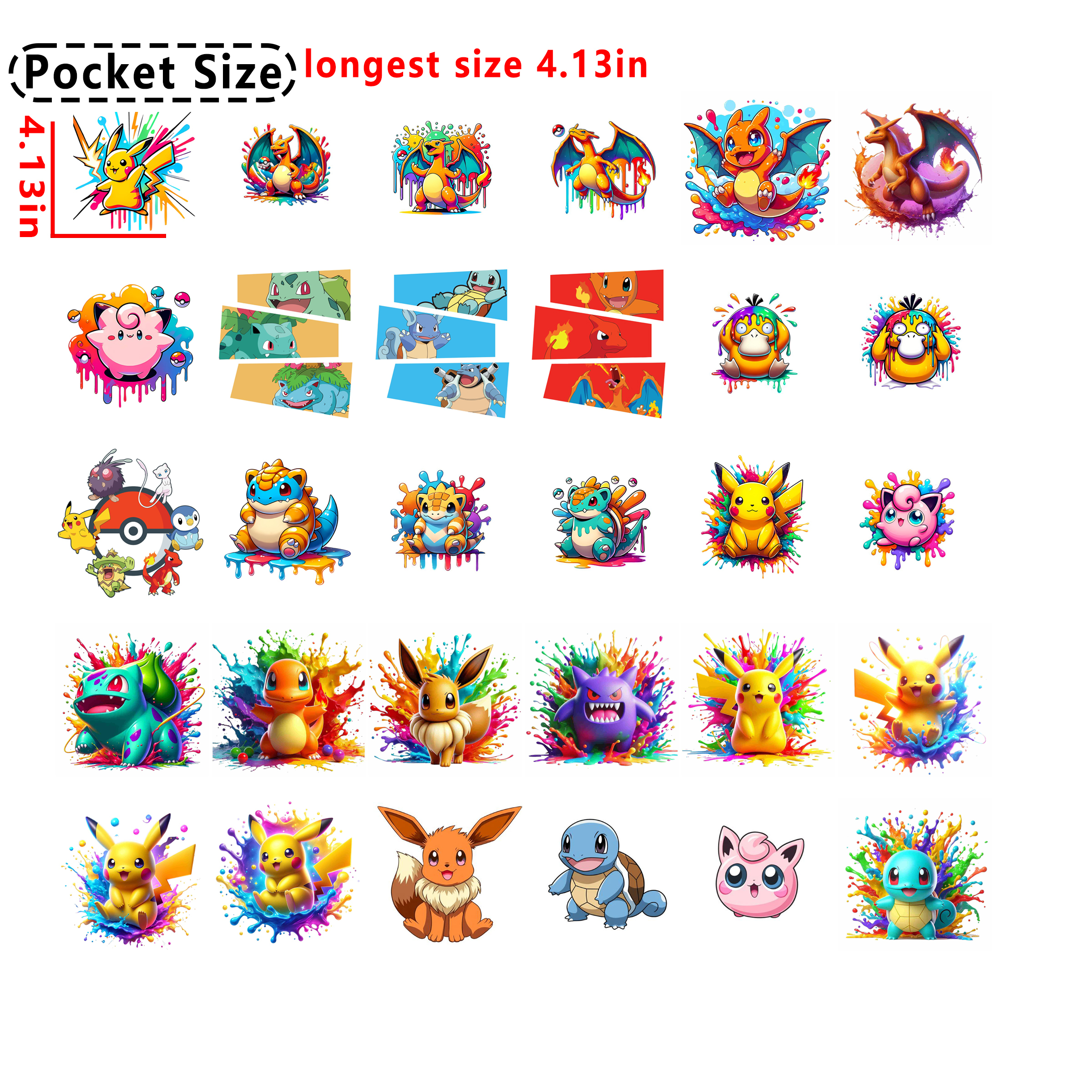 60pcs Pokemon Pocket size DTF heat transfer vinyl for T-shirt hoodies