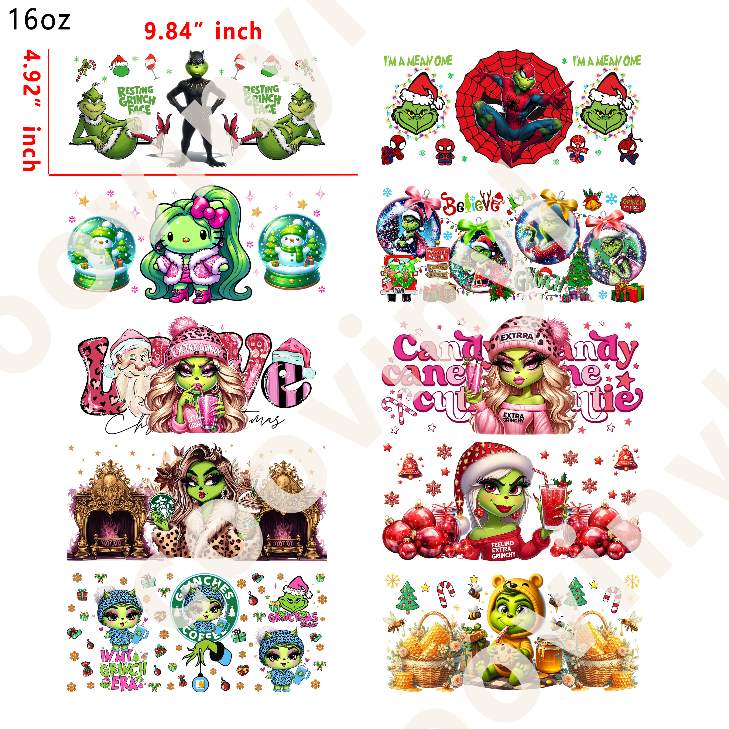 20 PCS Christmas Grinch Mix cup wraps 16OZ tumbler water proof