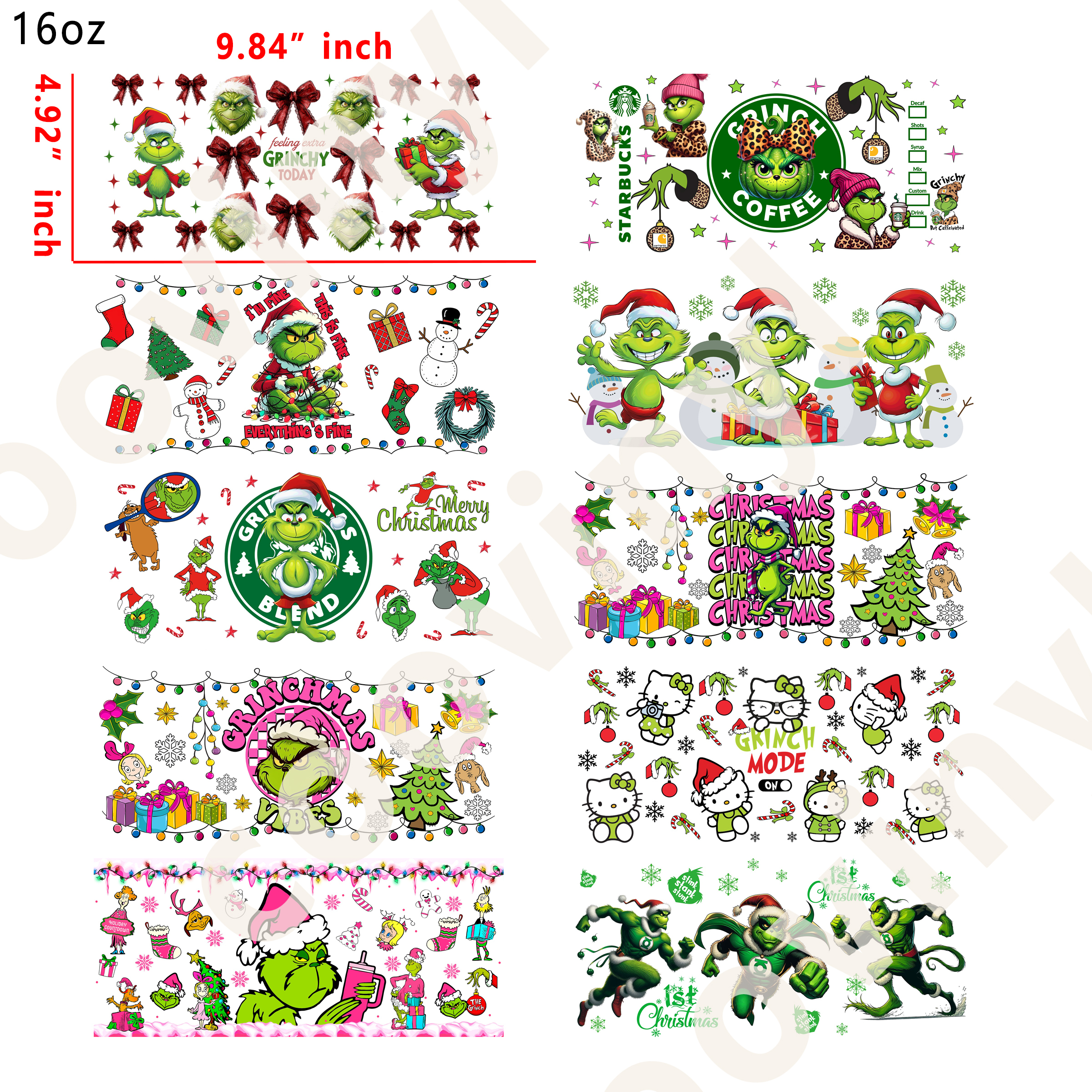 20 PCS Christmas Grinch Mix cup wraps 16OZ tumbler water proof