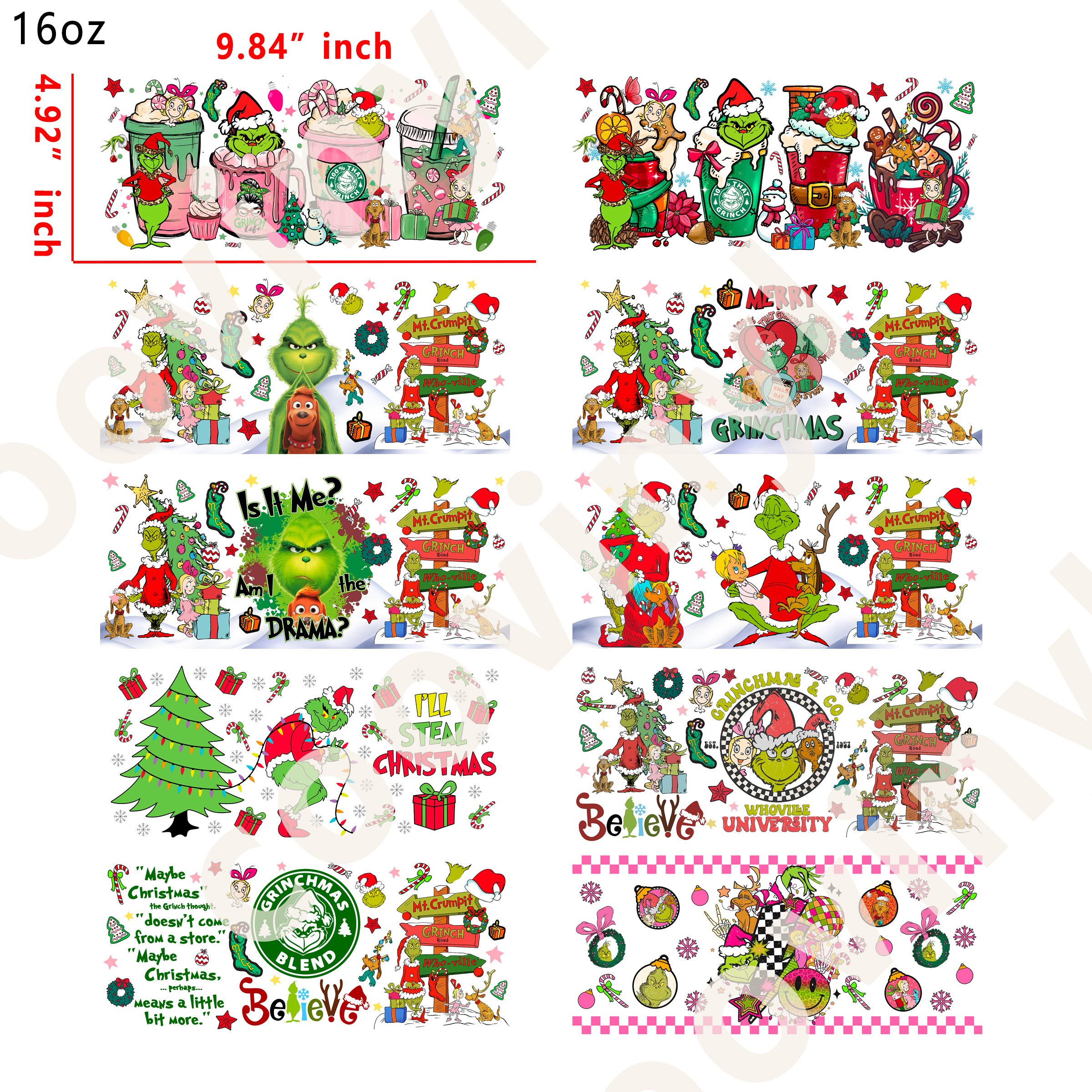 20 PCS Christmas Grinch cup wraps 16OZ tumbler water proof