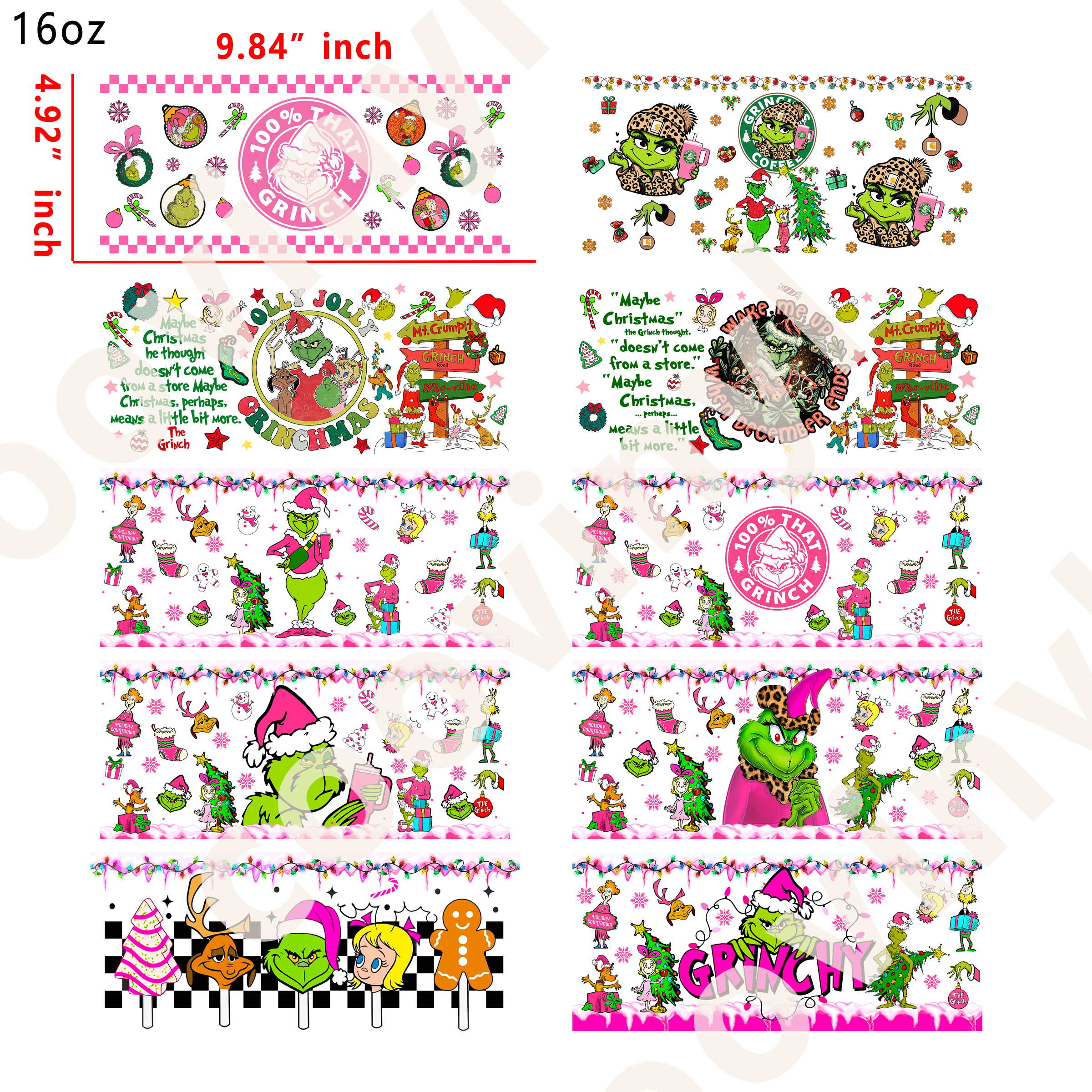 20 PCS Christmas Grinch cup wraps 16OZ tumbler water proof