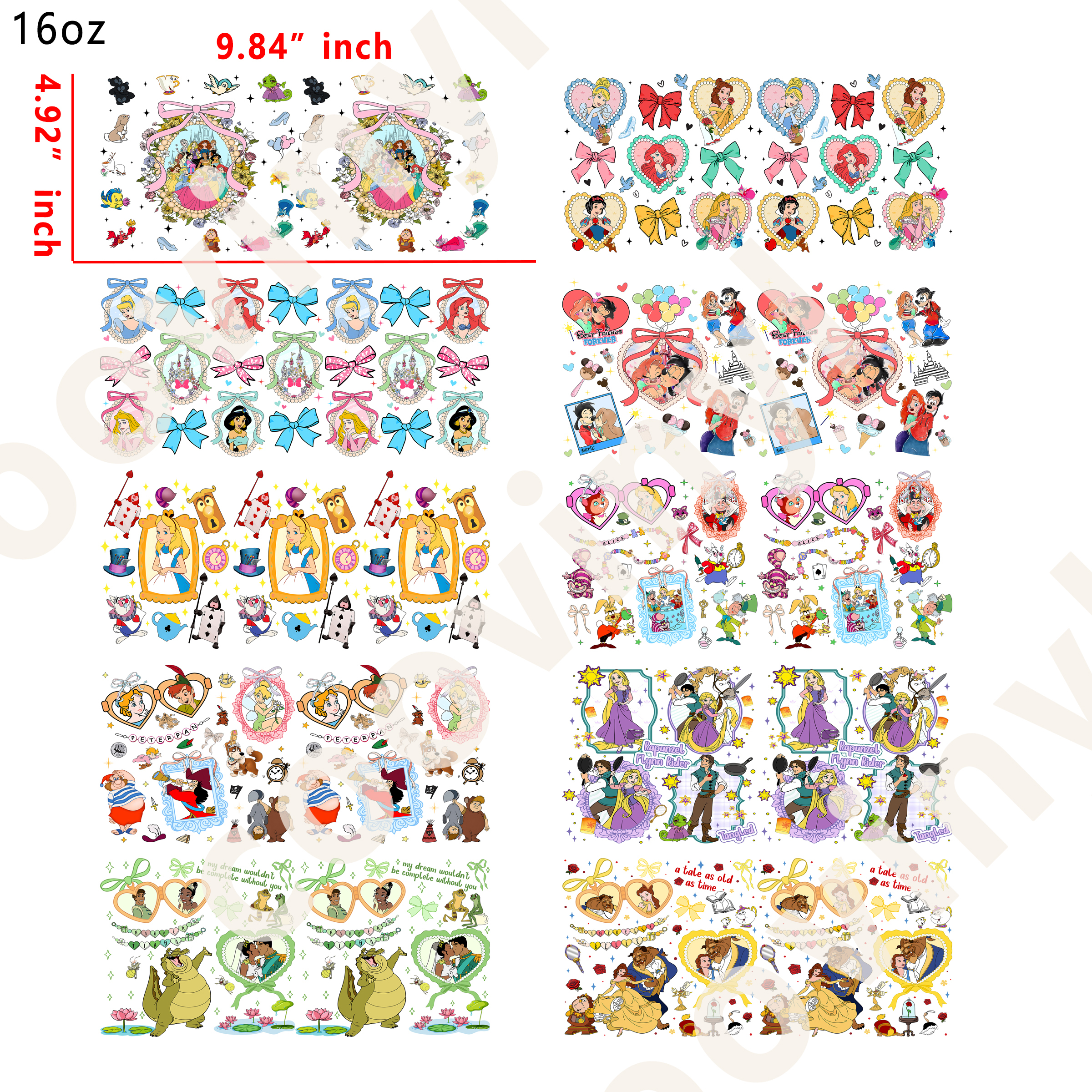 20 PCS Disney bow princess cup wraps 16OZ tumbler water proof