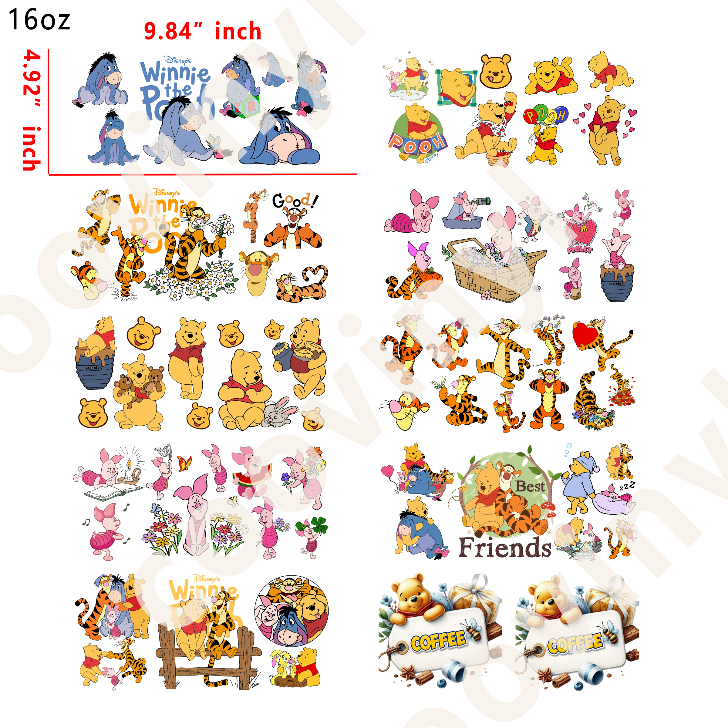 20 PCS winnie the pooh cup wraps 16OZ tumbler water proof