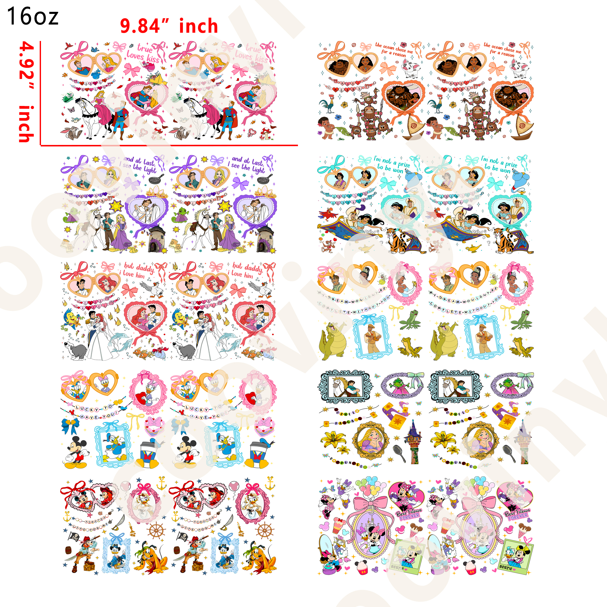 20 PCS Disney bow princess cup wraps 16OZ tumbler water proof