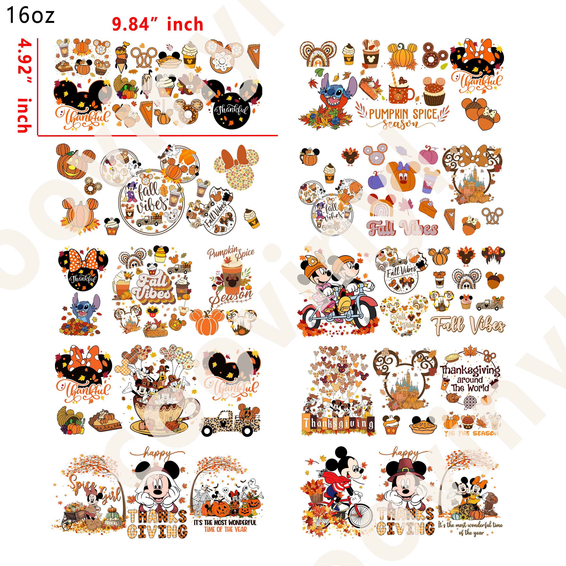 20 PCS Thanksgiving disney cup wraps 16OZ tumbler water proof