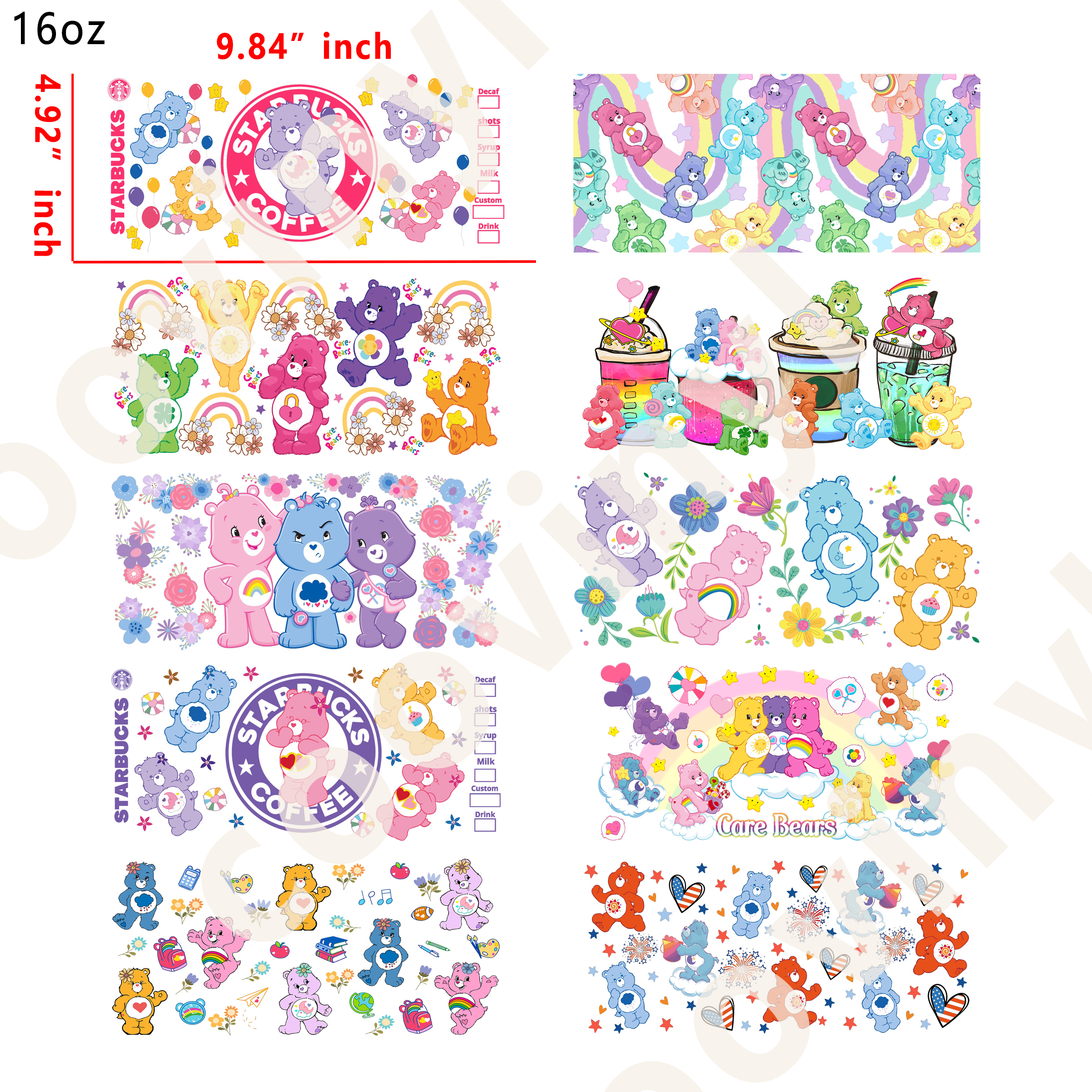 10 PCS carebear cartoon cup wraps 16OZ tumbler water proof