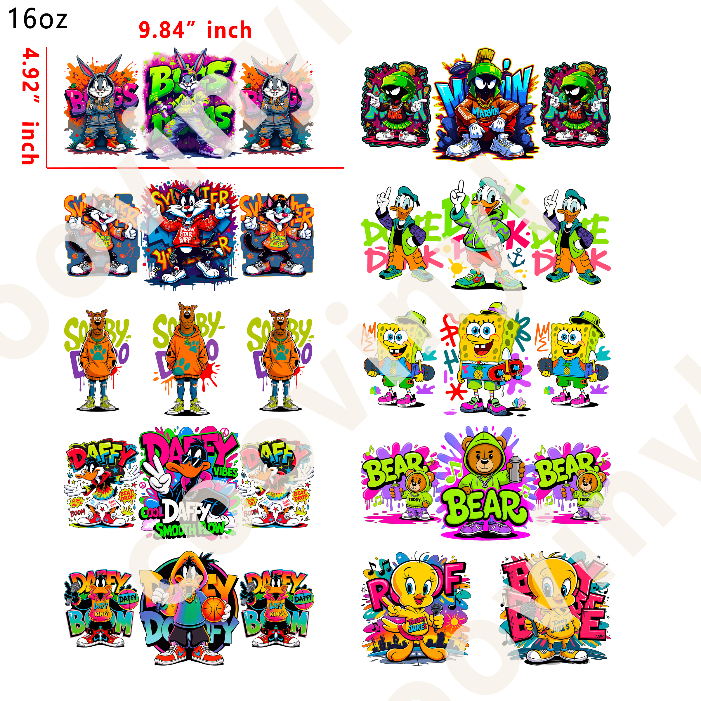 10 PCS Street cartoon cup wraps 16OZ tumbler water proof