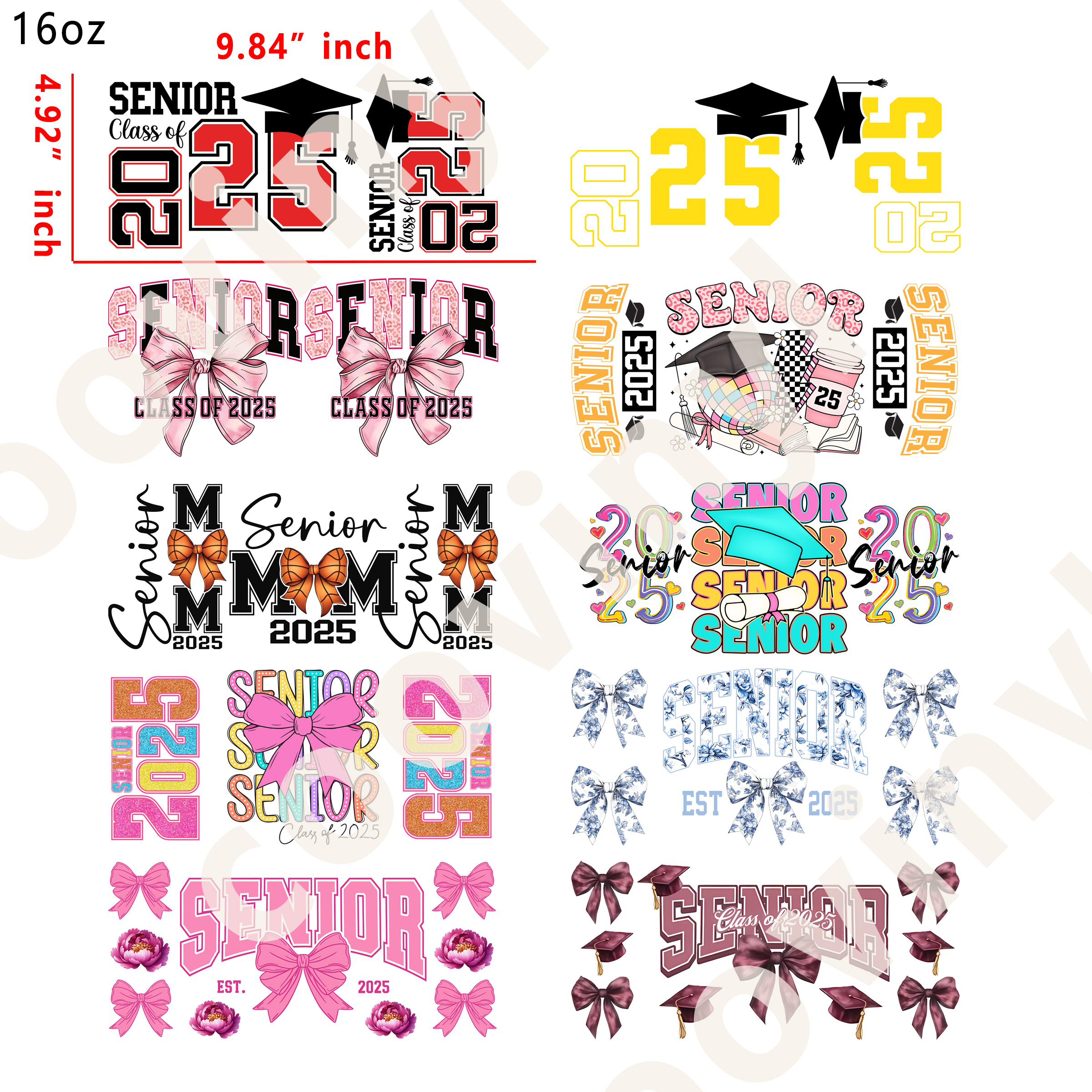 10 PCS Senior 2025 cup wraps 16OZ tumbler water proof