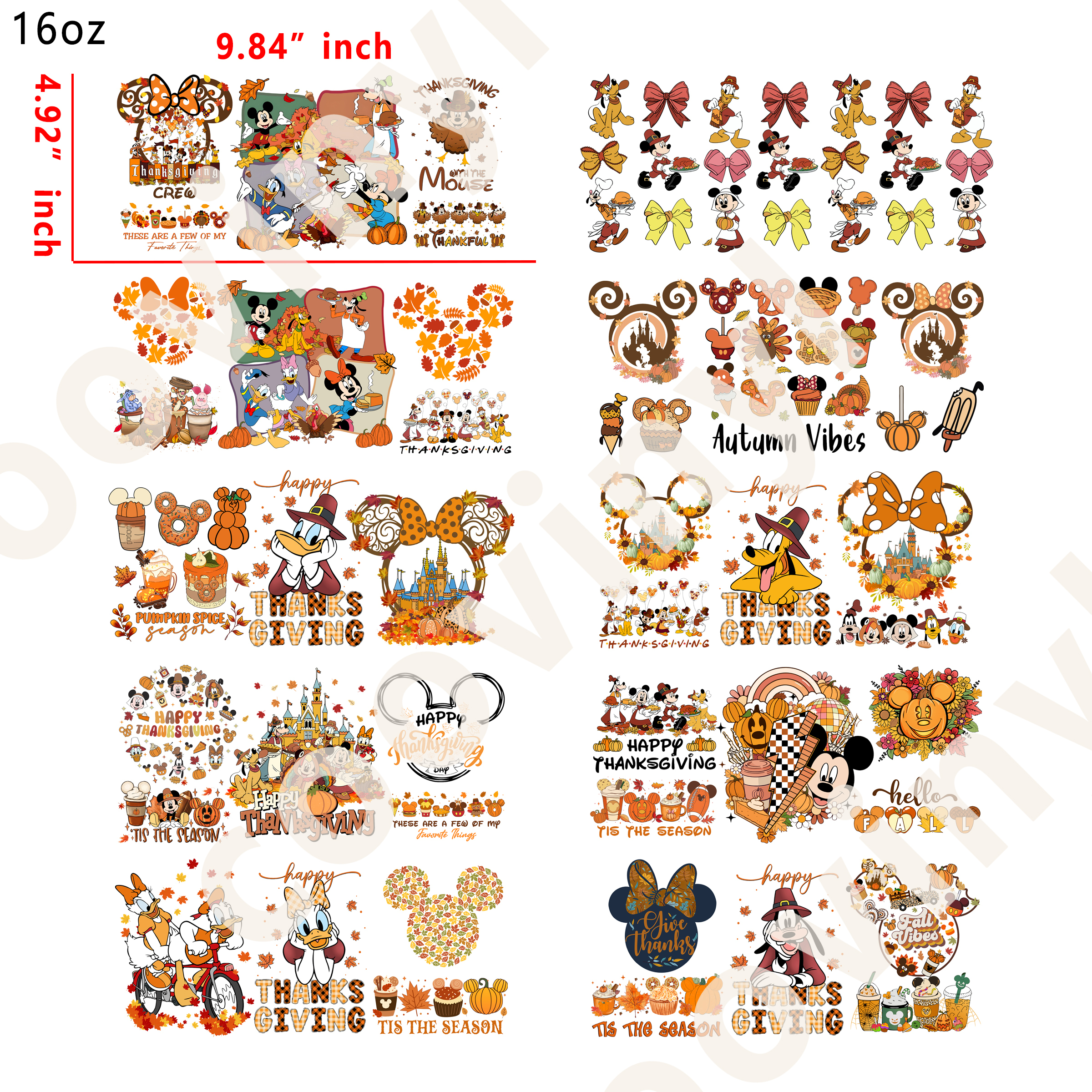 20 PCS Thanksgiving disney cup wraps 16OZ tumbler water proof