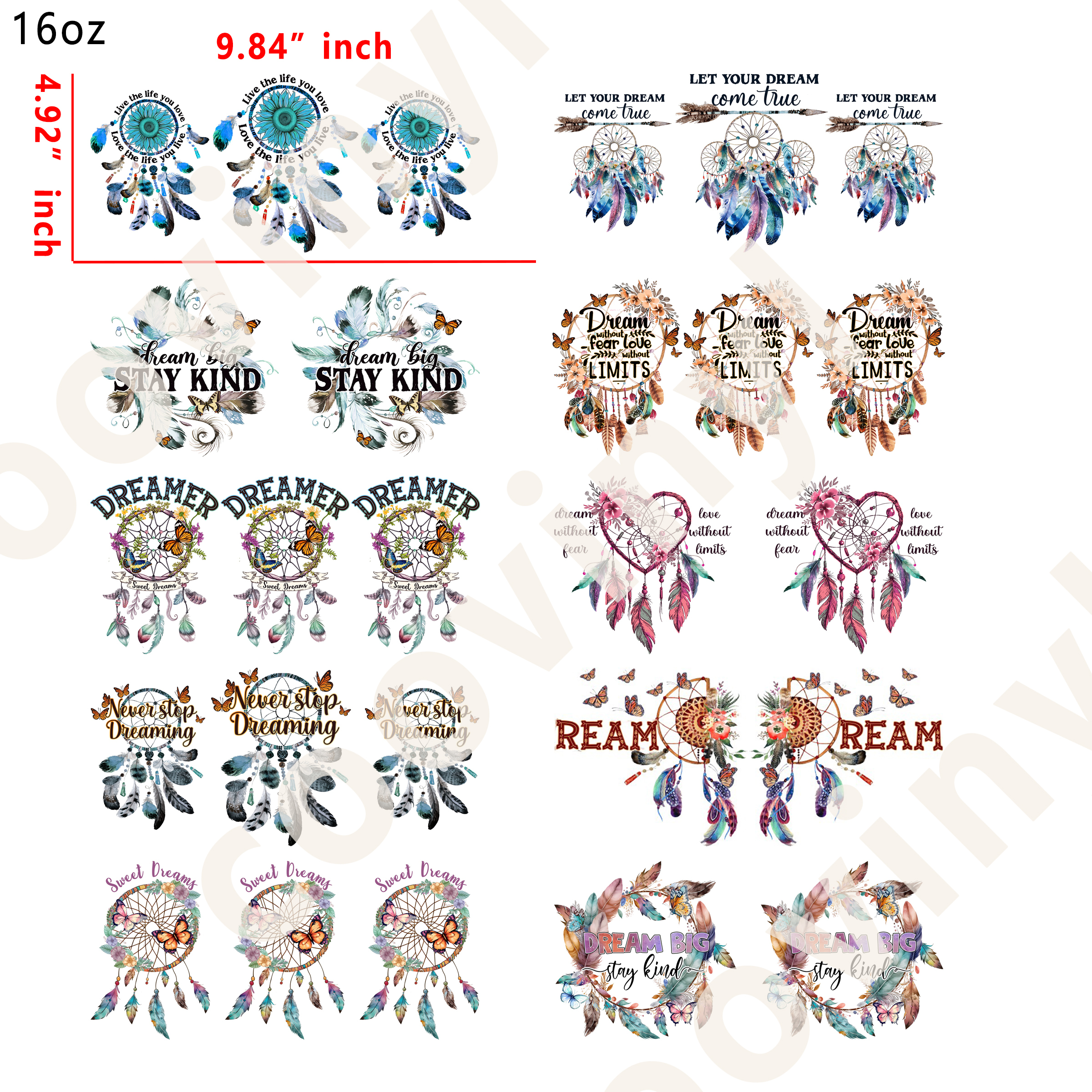 10 PCS Dream catcher cup wraps 16OZ tumbler water proof