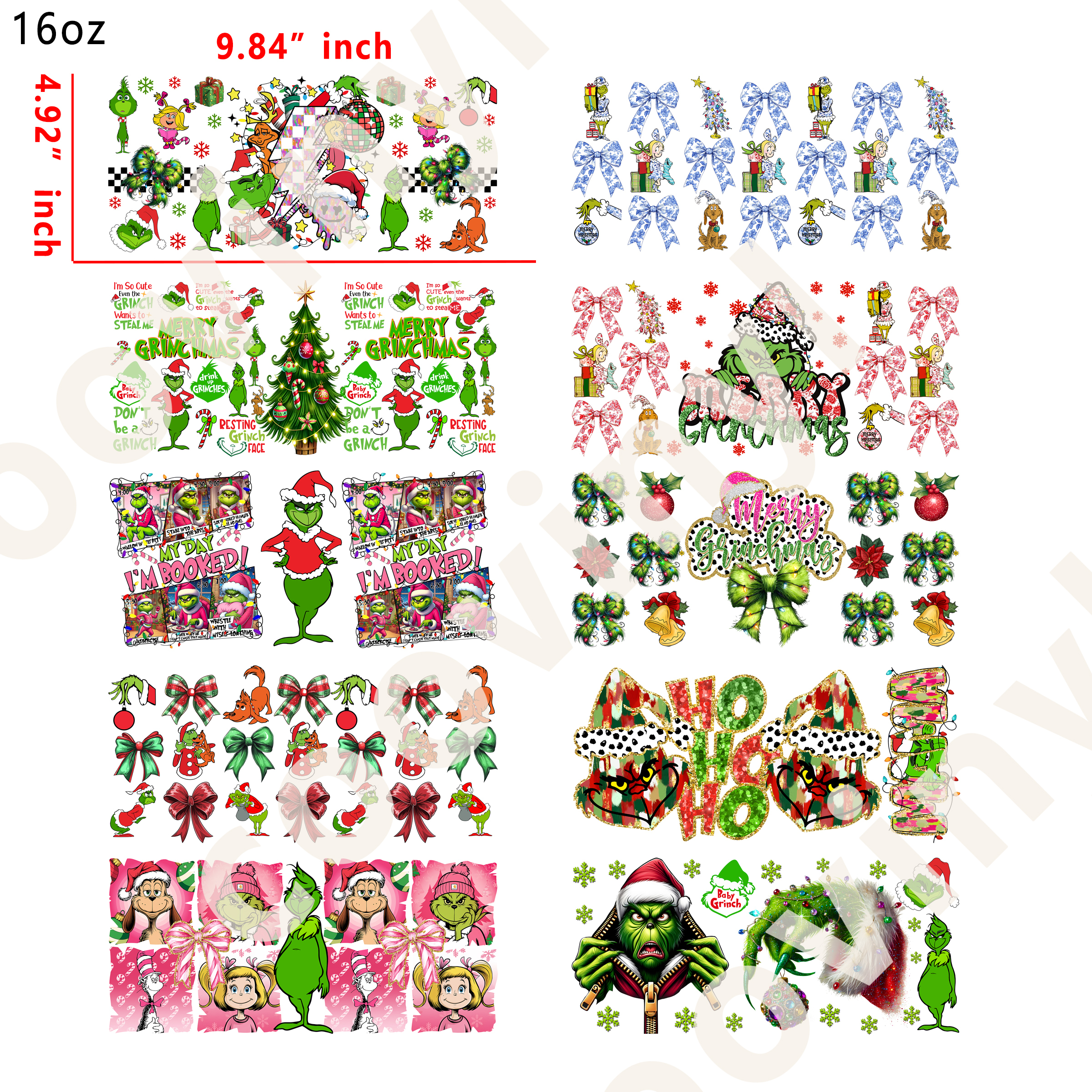 20 PCS Grinch xmas cup wraps 16OZ tumbler water proof