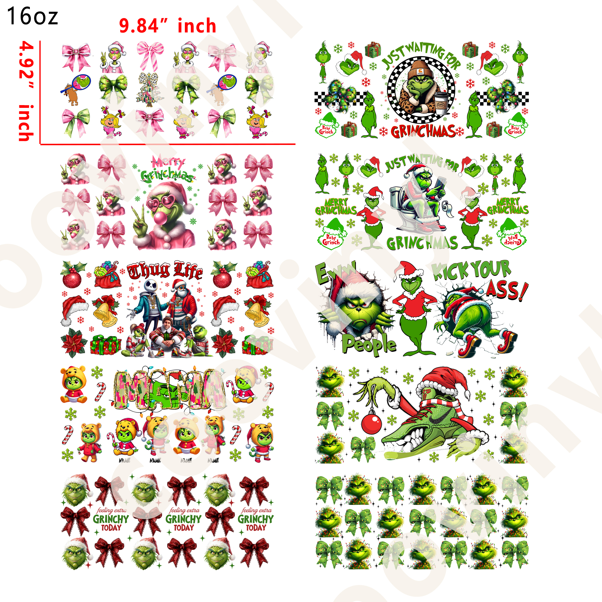 20 PCS Grinch xmas cup wraps 16OZ tumbler water proof