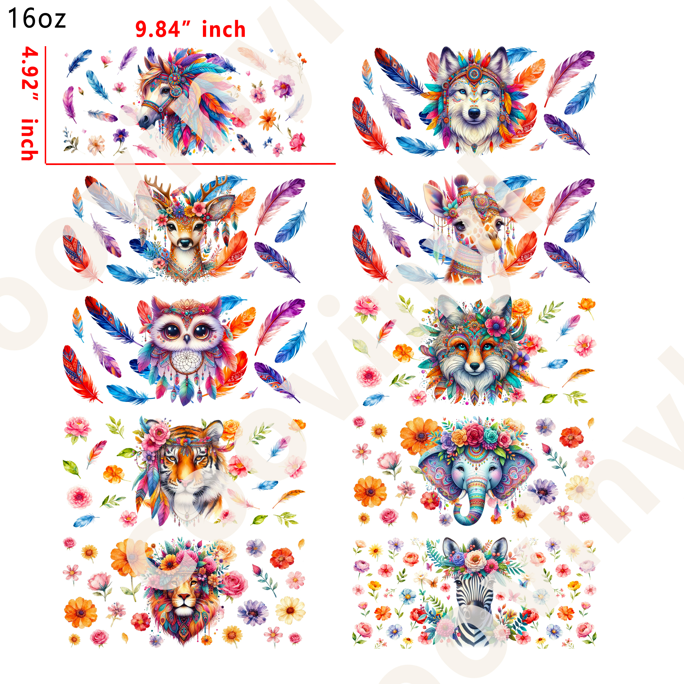 10 PCS Indian Animal cup wraps 16OZ tumbler water proof