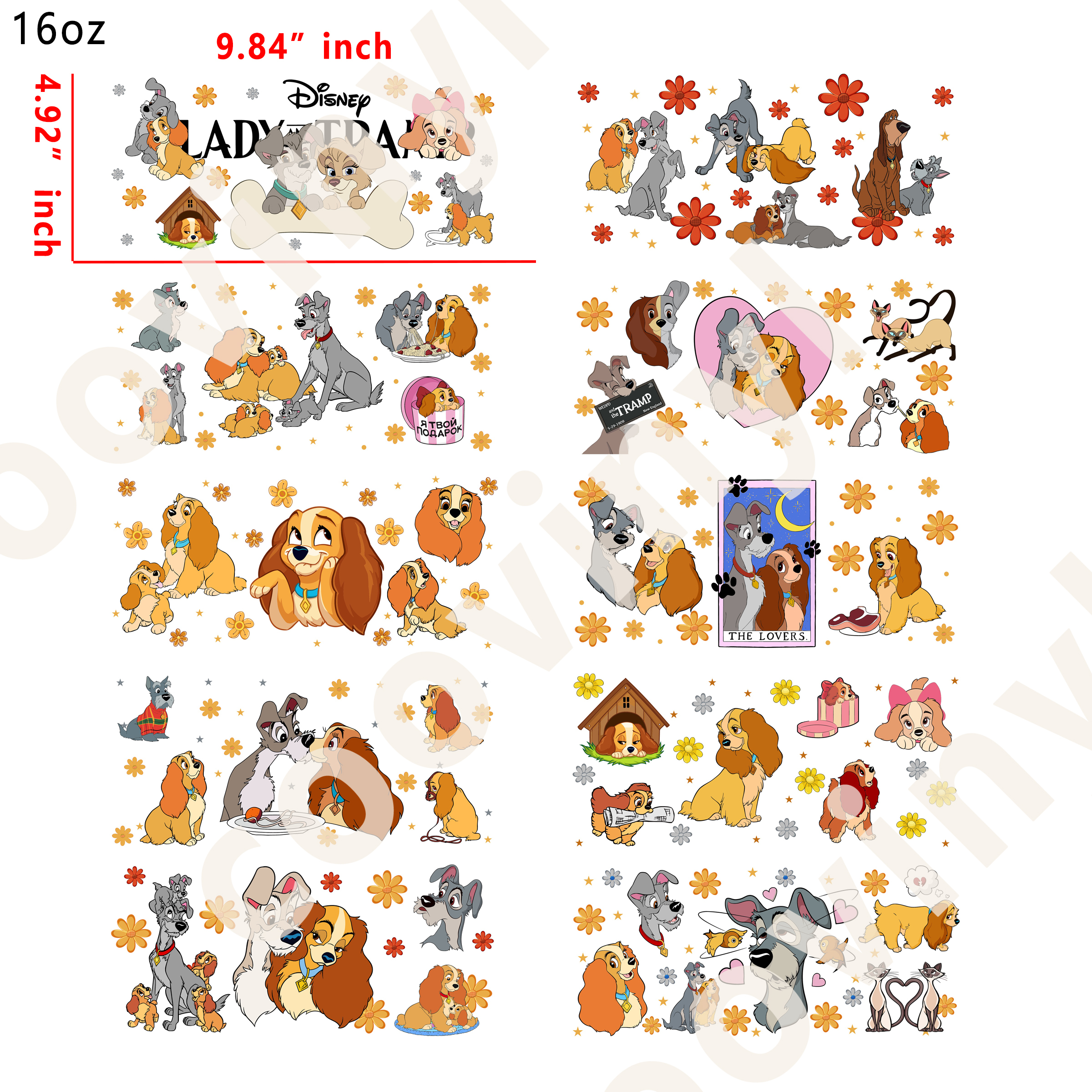 10 PCS Lady Tramp disney  cup wraps 16OZ tumbler water proof