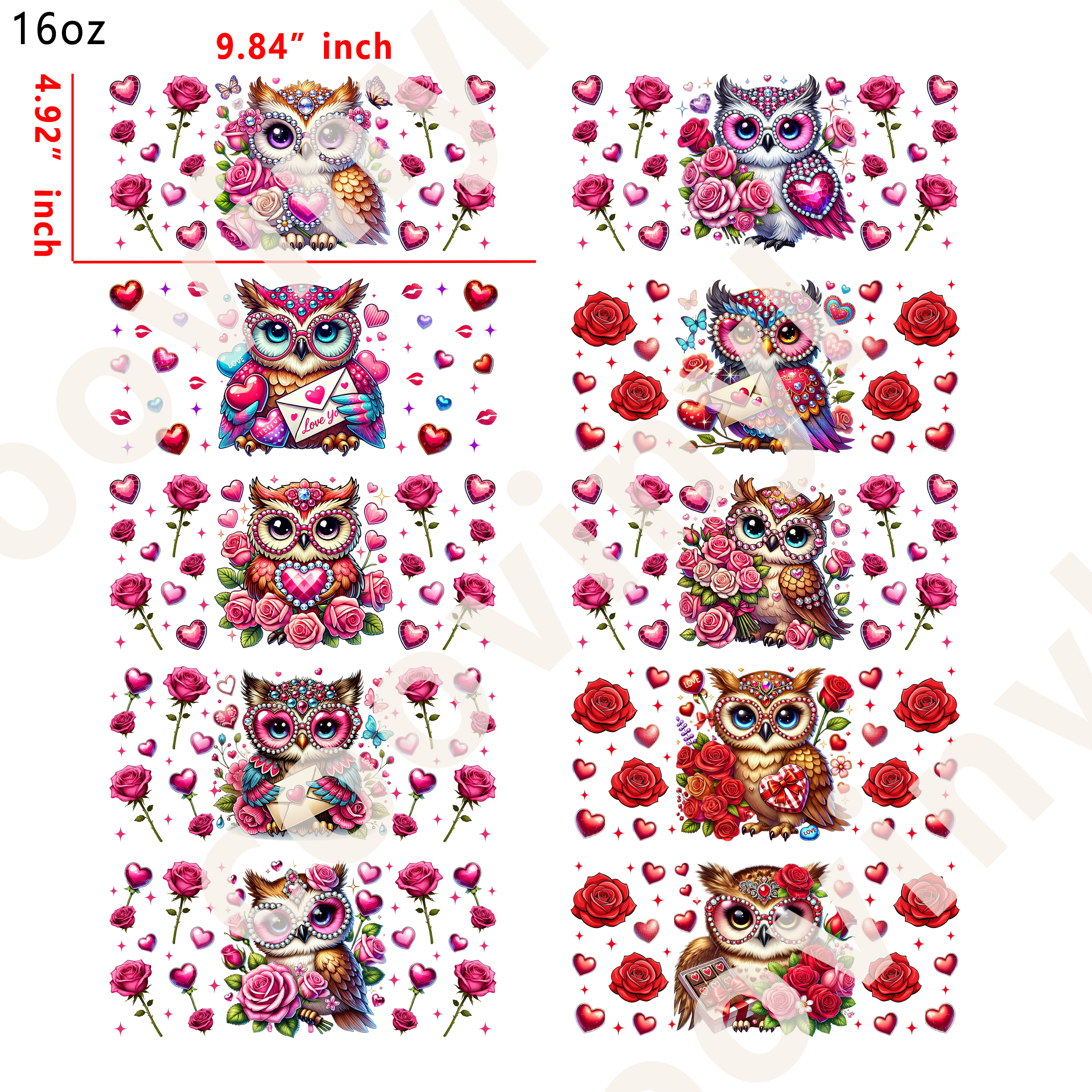 10 PCS Valentine Owl animal cup wraps 16OZ tumbler water proof