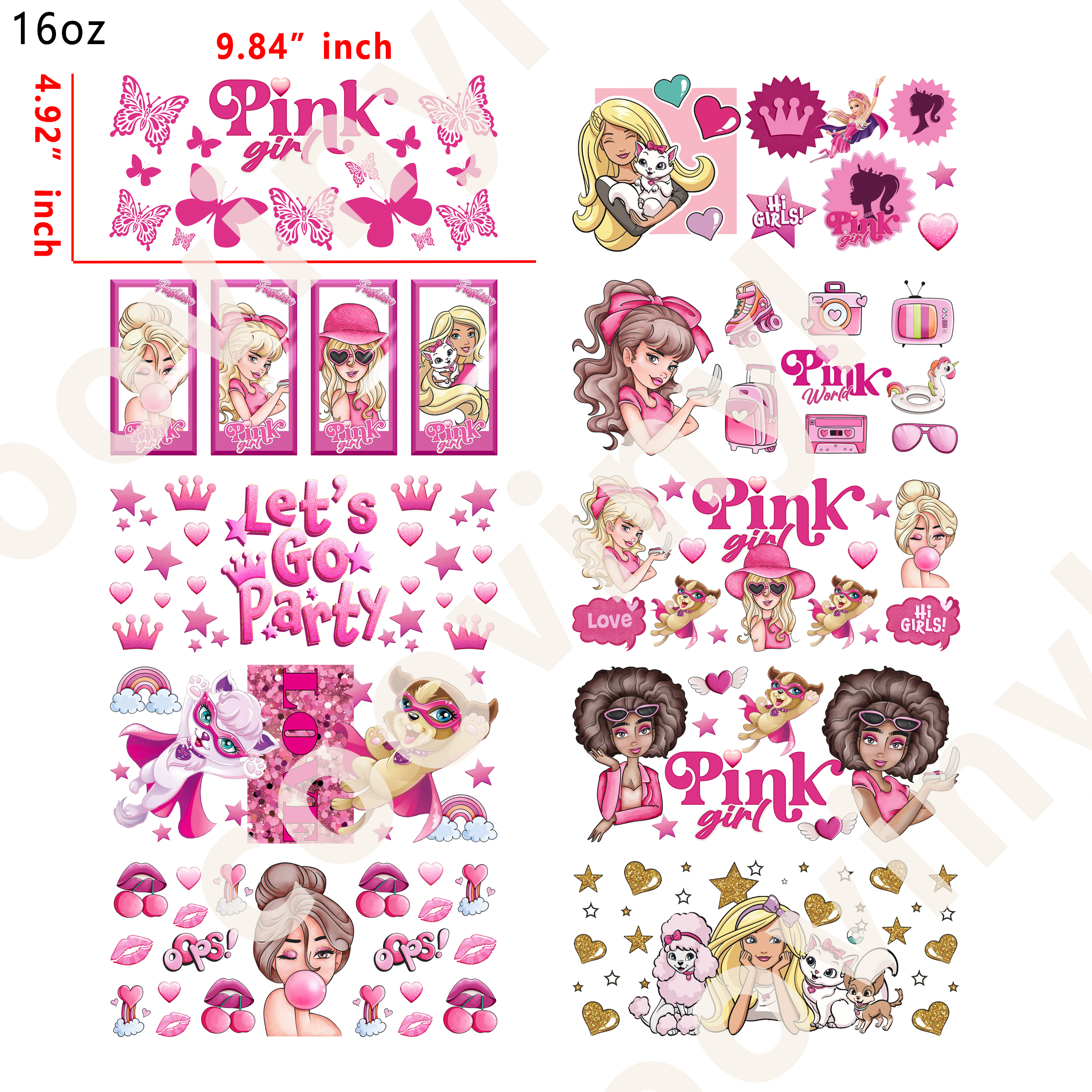 20 PCS Pink girl cup wraps 16OZ tumbler water proof