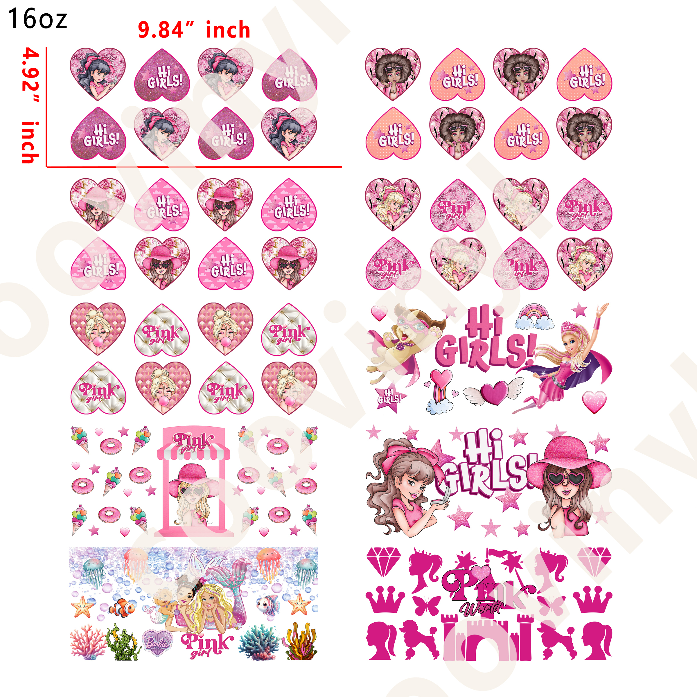 20 PCS Pink girl cup wraps 16OZ tumbler water proof