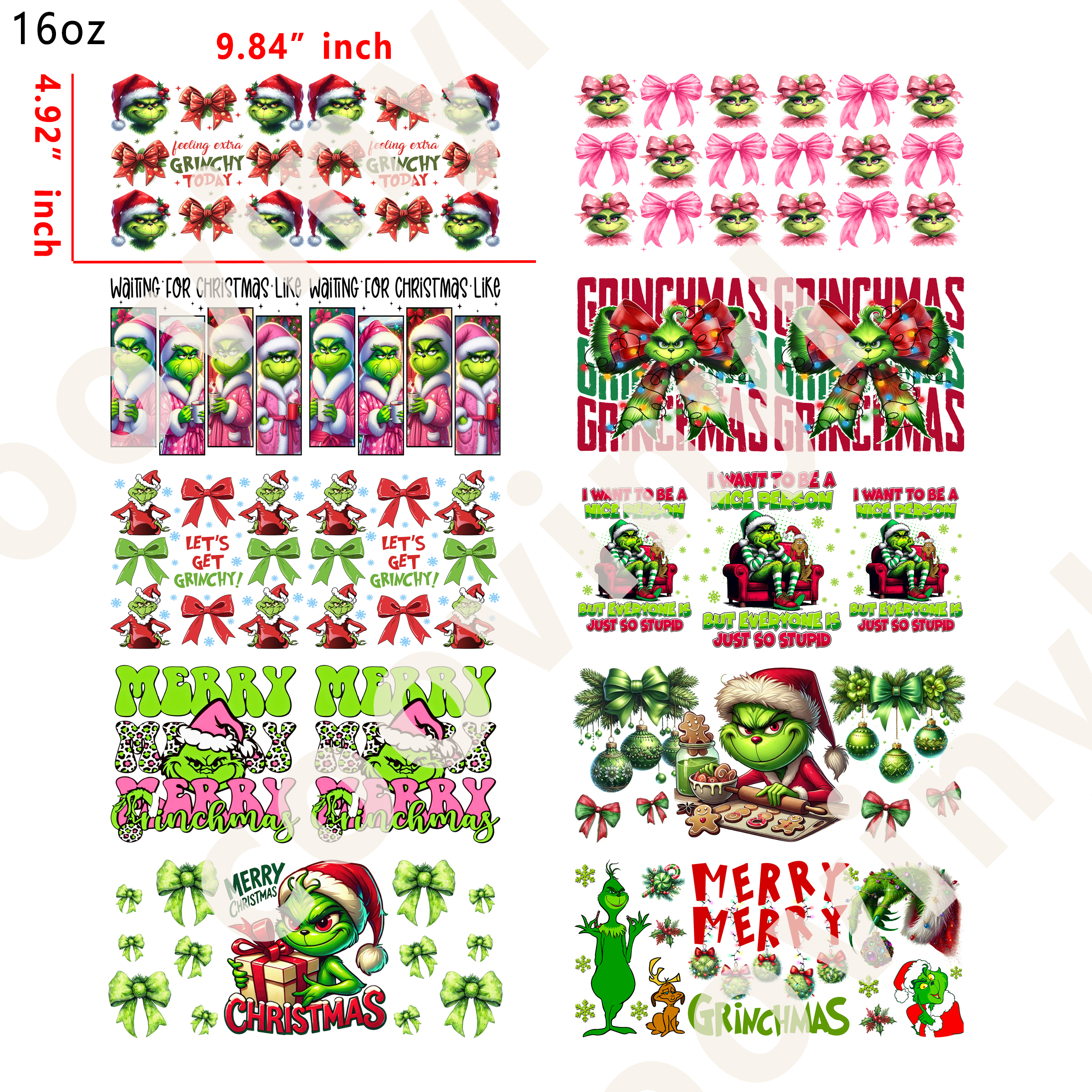 20 PCS Grinch Xmas cup wraps 16OZ tumbler water proof
