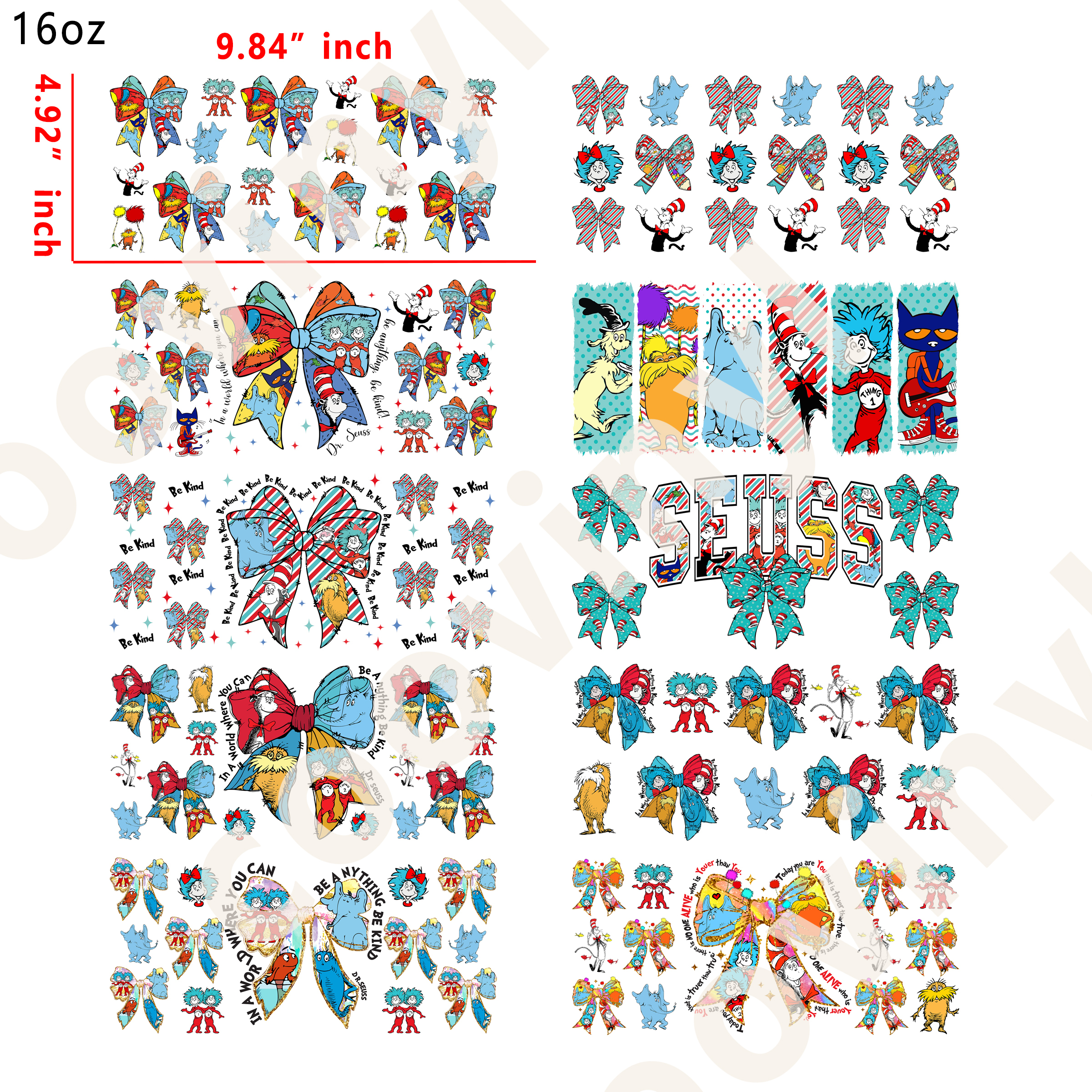 10 PCS DR.suess cup wraps 16OZ tumbler water proof
