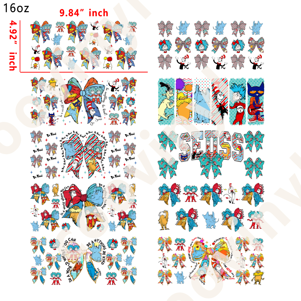 10 PCS DR.suess cup wraps 16OZ tumbler water proof