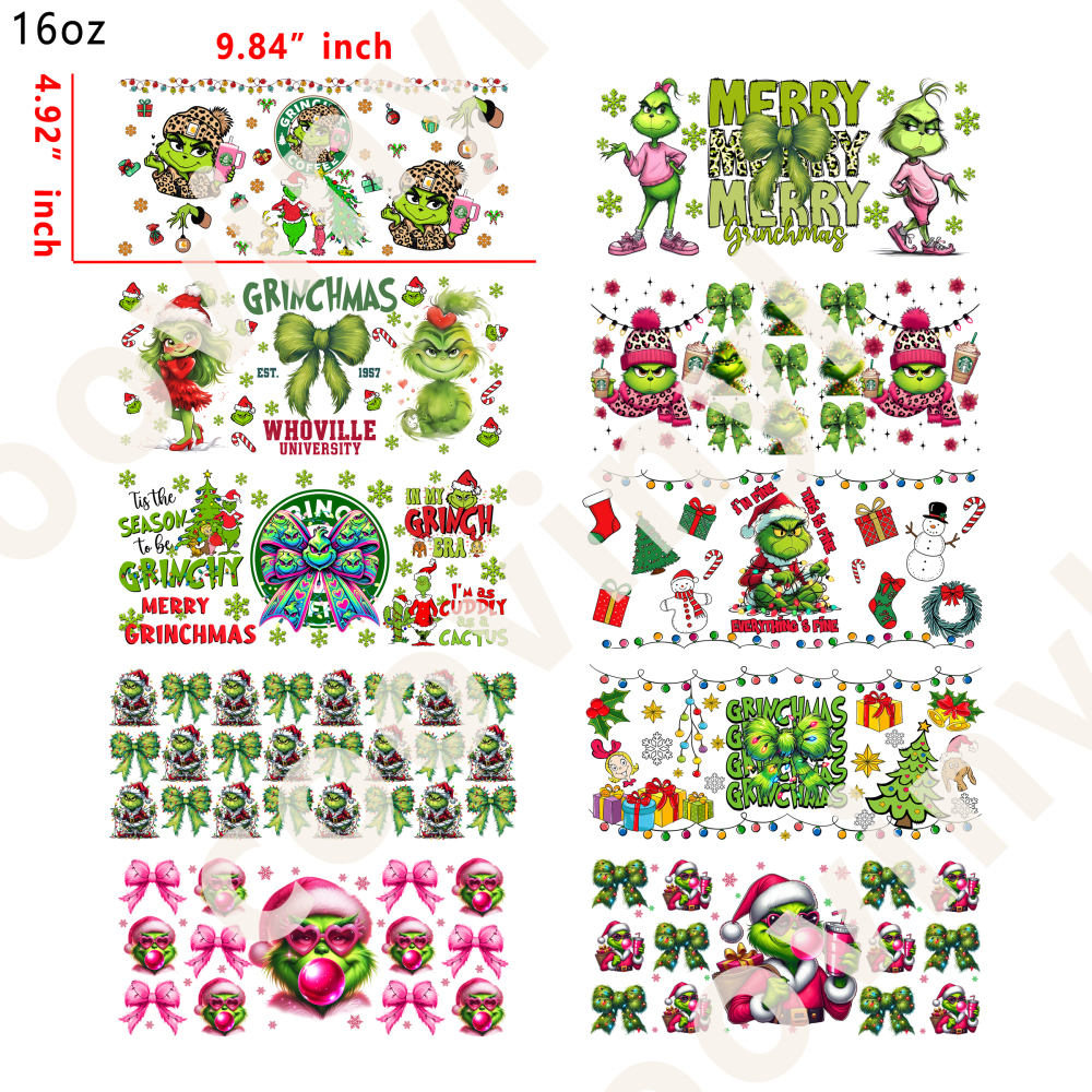 20 PCS Grinch wraps 16OZ tumbler water proof
