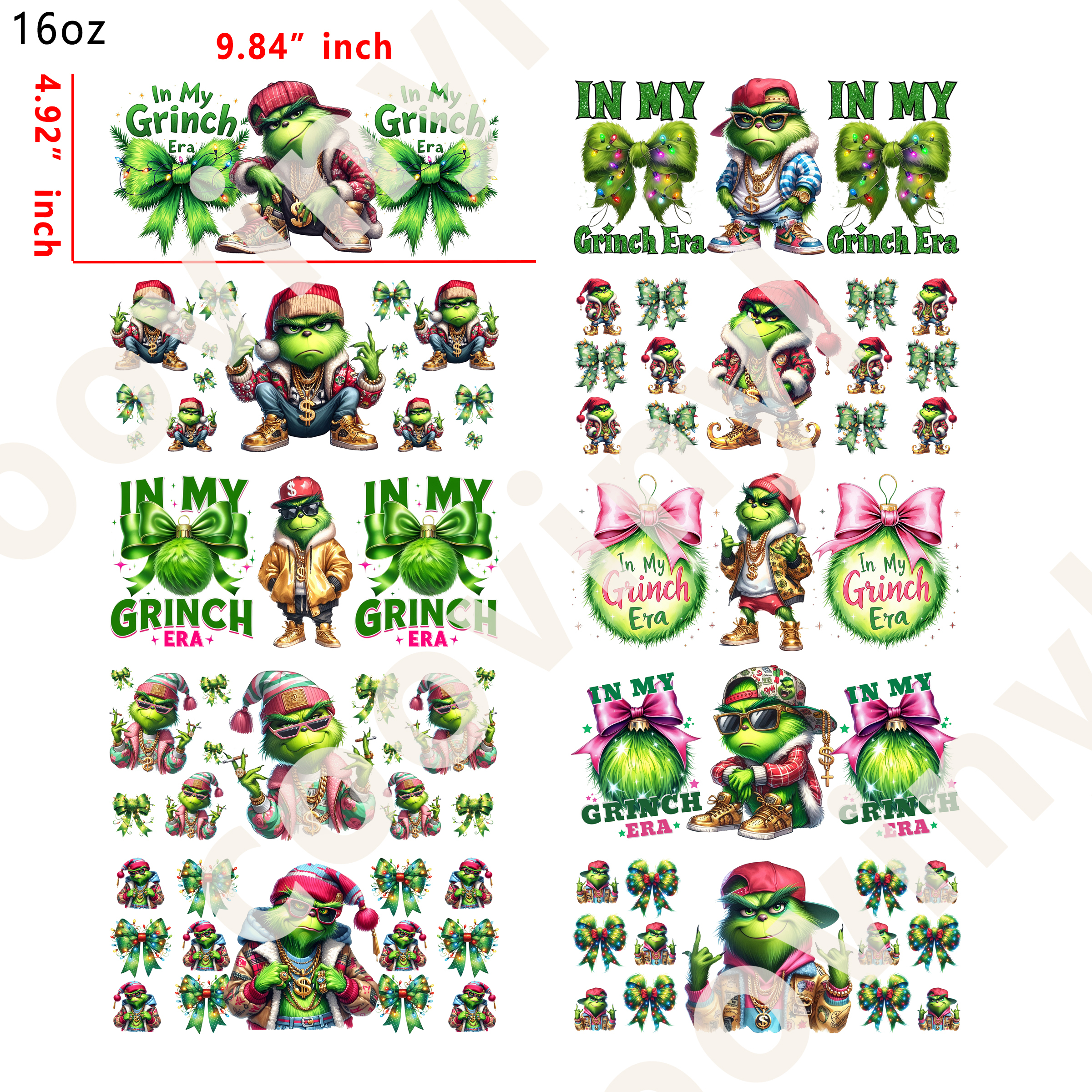 20 PCS Hiphop Grinch wraps 16OZ tumbler water proof