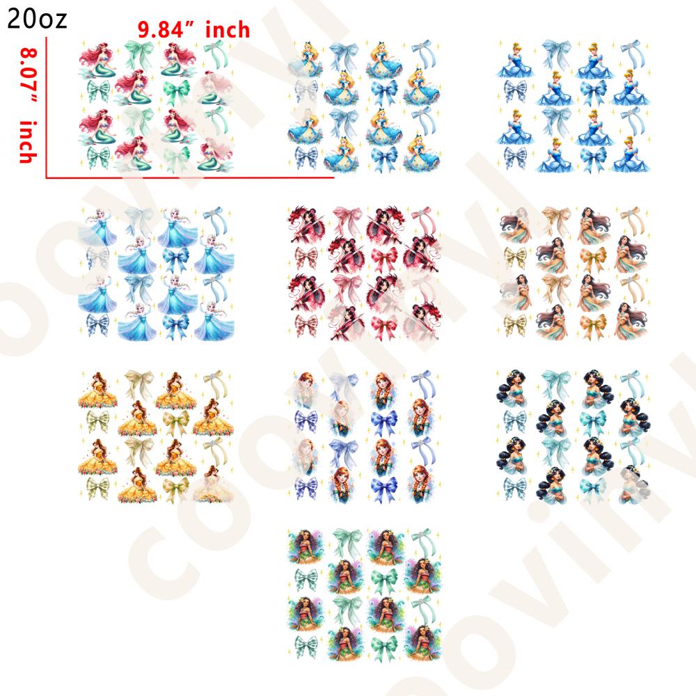 10 PCS Bow Princess cup wraps 20OZ tumbler water proof