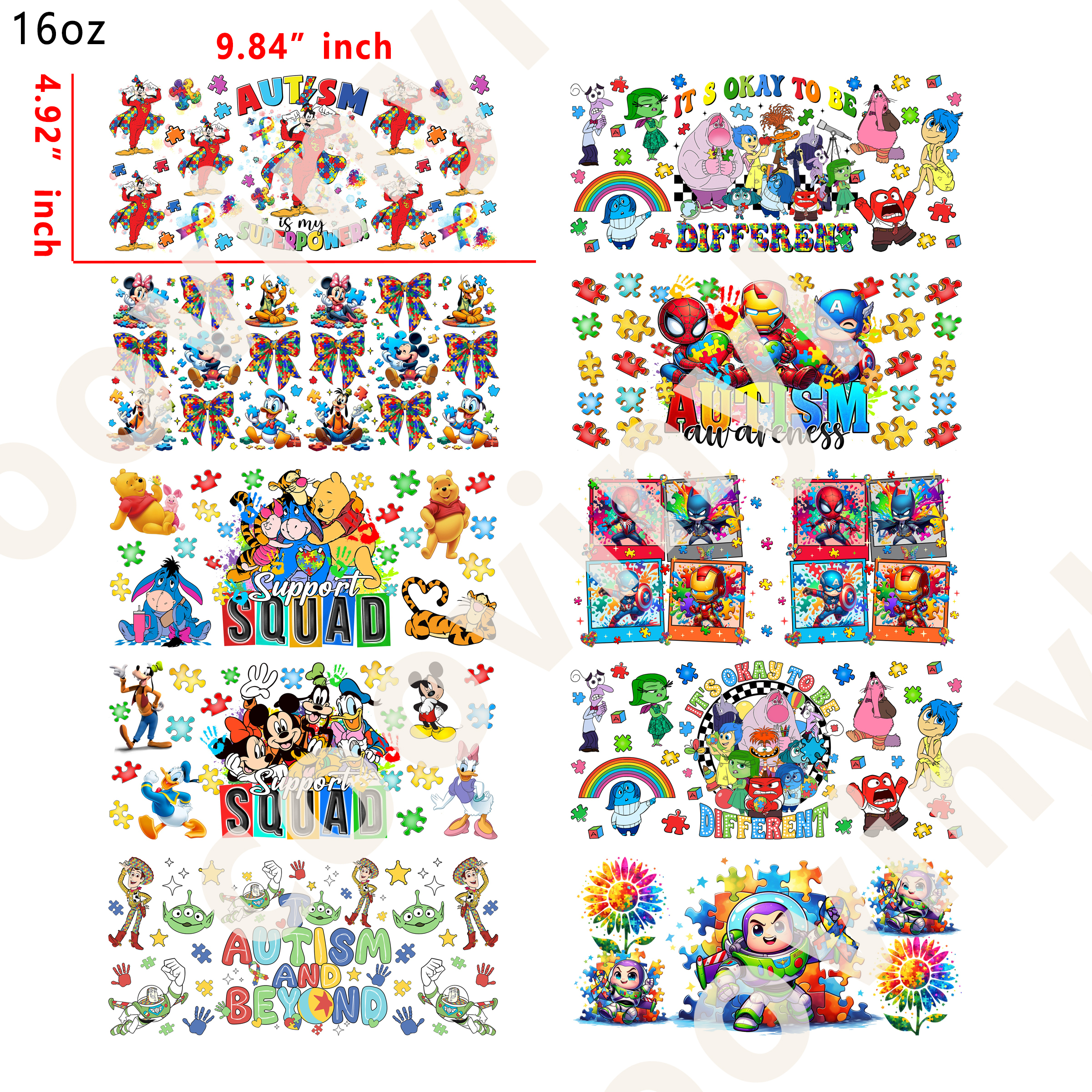 20 PCS Disney Autism cup wraps 16OZ tumbler water proof
