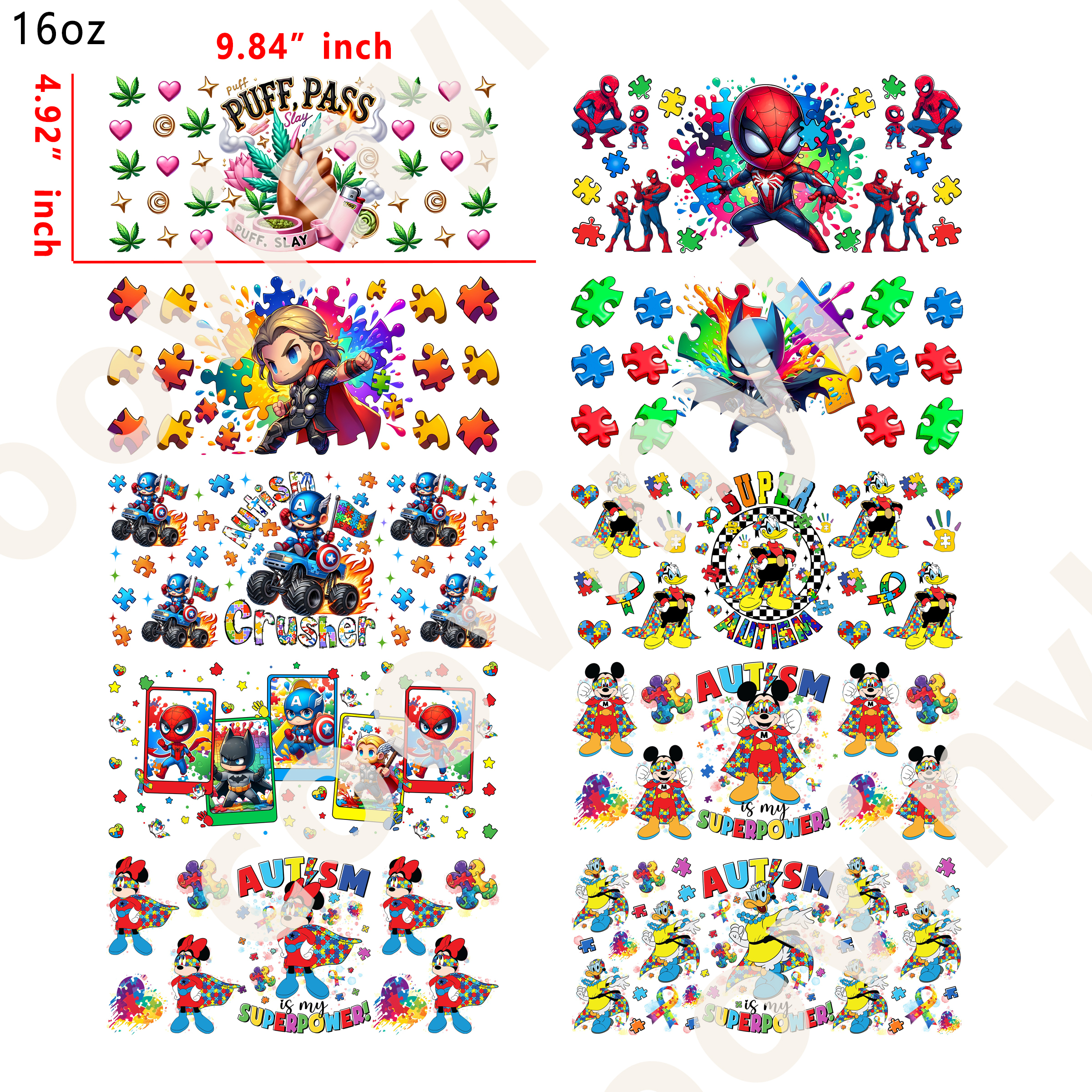 20 PCS Disney Autism cup wraps 16OZ tumbler water proof