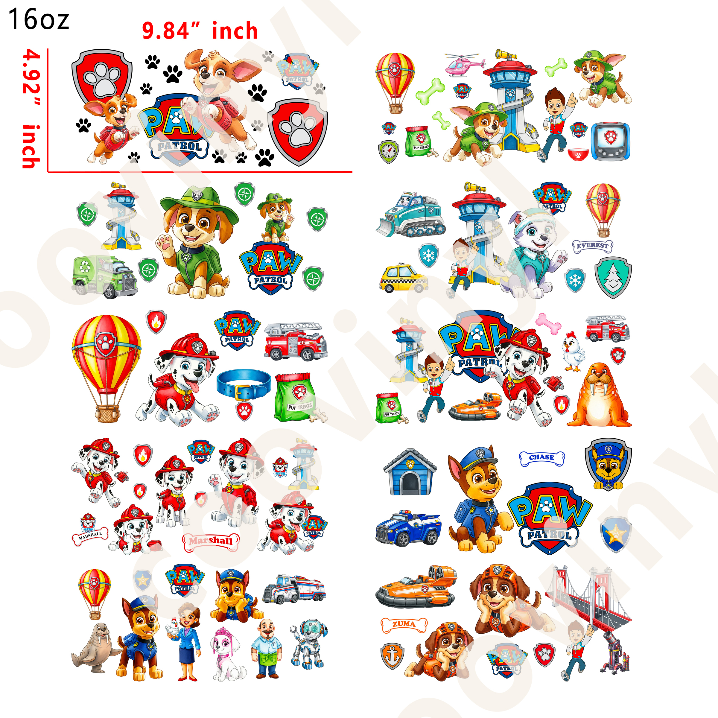 10 PCS Paw Patrol cup wraps 16OZ tumbler water proof