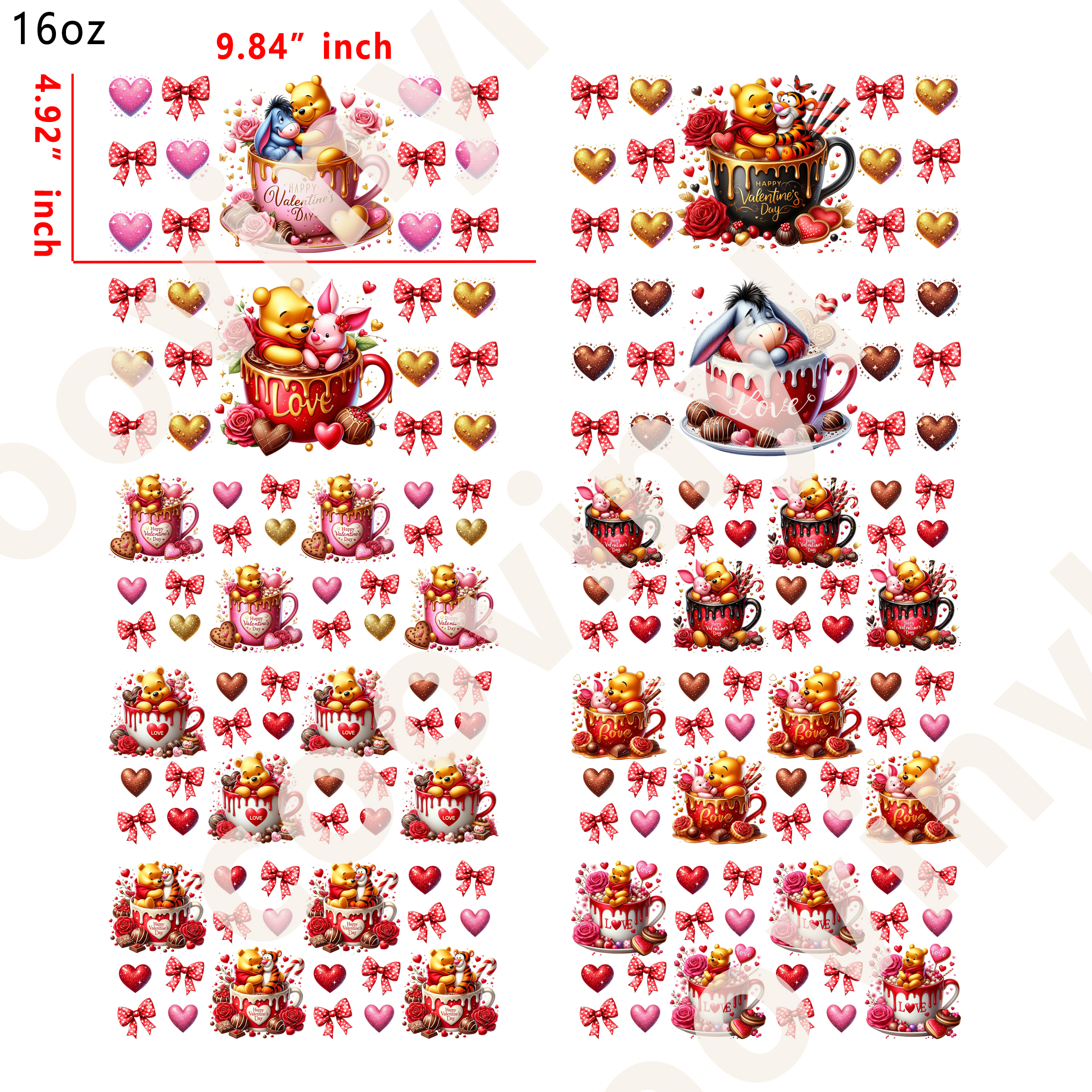 10 PCS Valentine's Day Pooh cup wraps 16OZ tumbler water proof