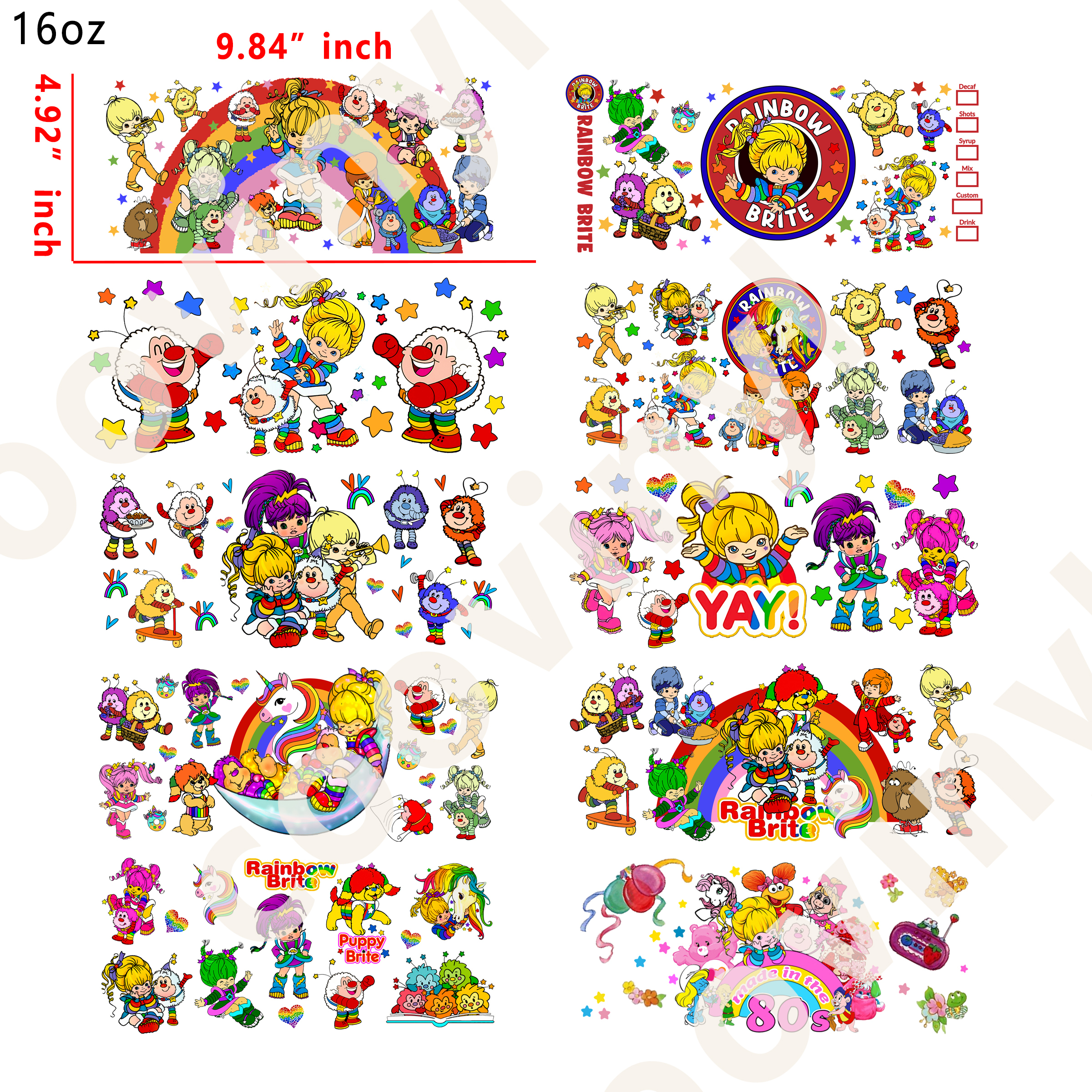 10 PCS Rainbow brite cup wraps 16OZ tumbler water proof