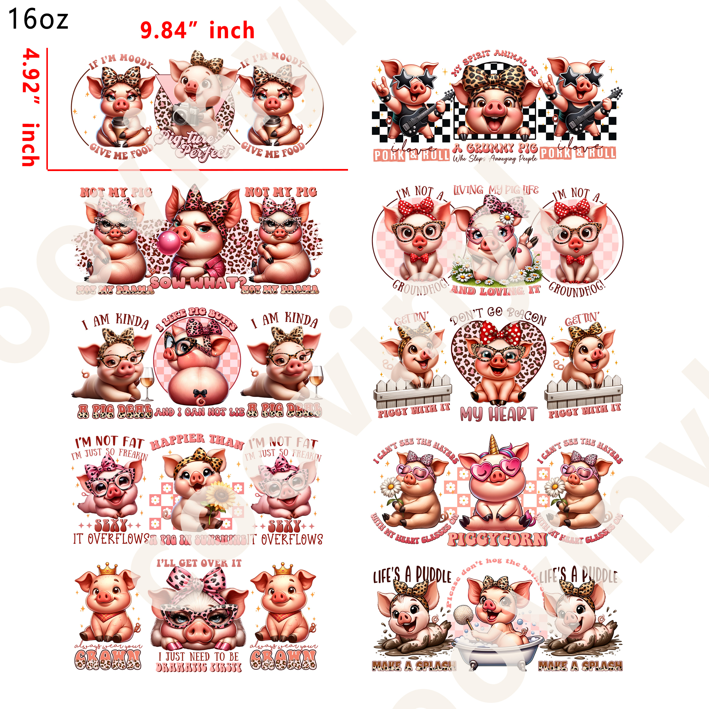 10 PCS Animal pig cup wraps 16OZ tumbler water proof